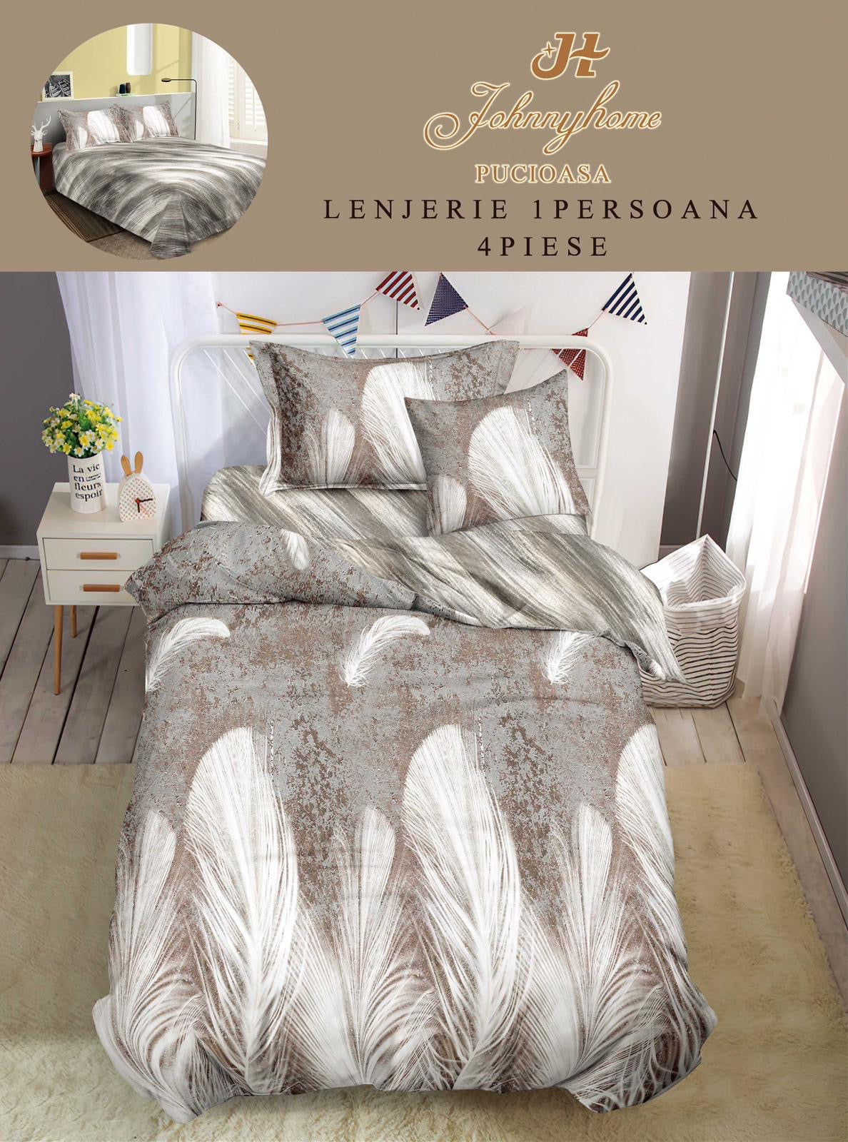 Lenjerie de pat 1 persoană , Bumbac finet, 4 piese, Alb-Gri, LOP37