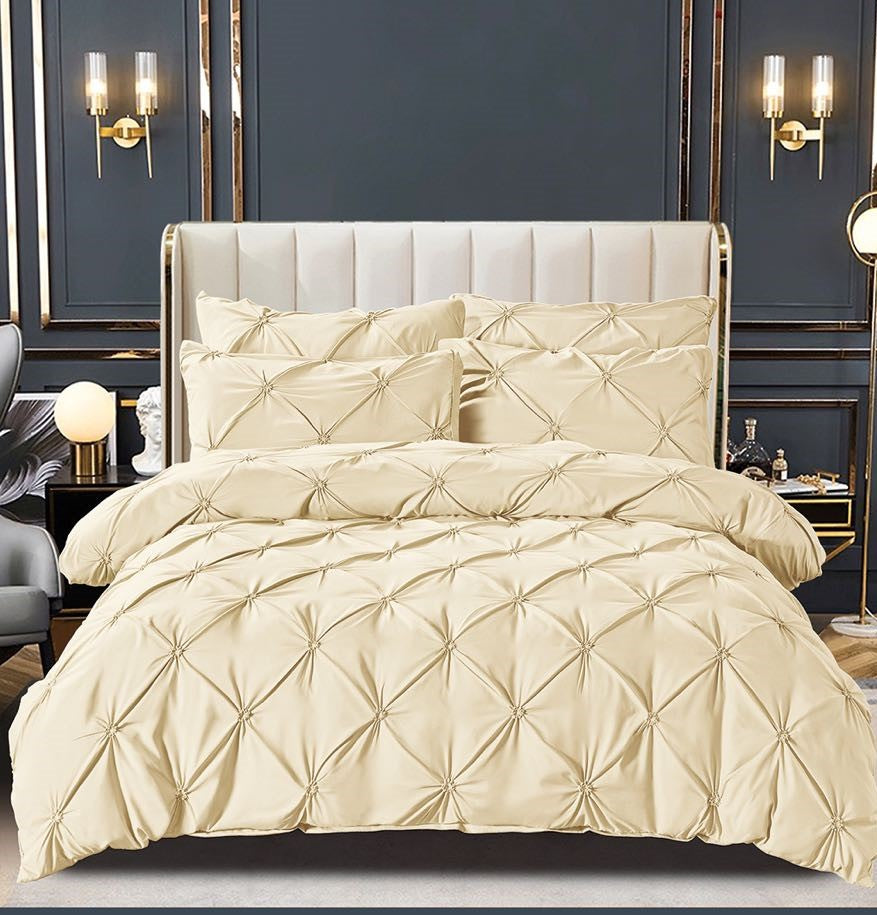 Lenjerie pat dublu pliuri brodate, cearsaf cu elastic , BUMBAC FINET , 6 piese , Bej deschis, LJP006