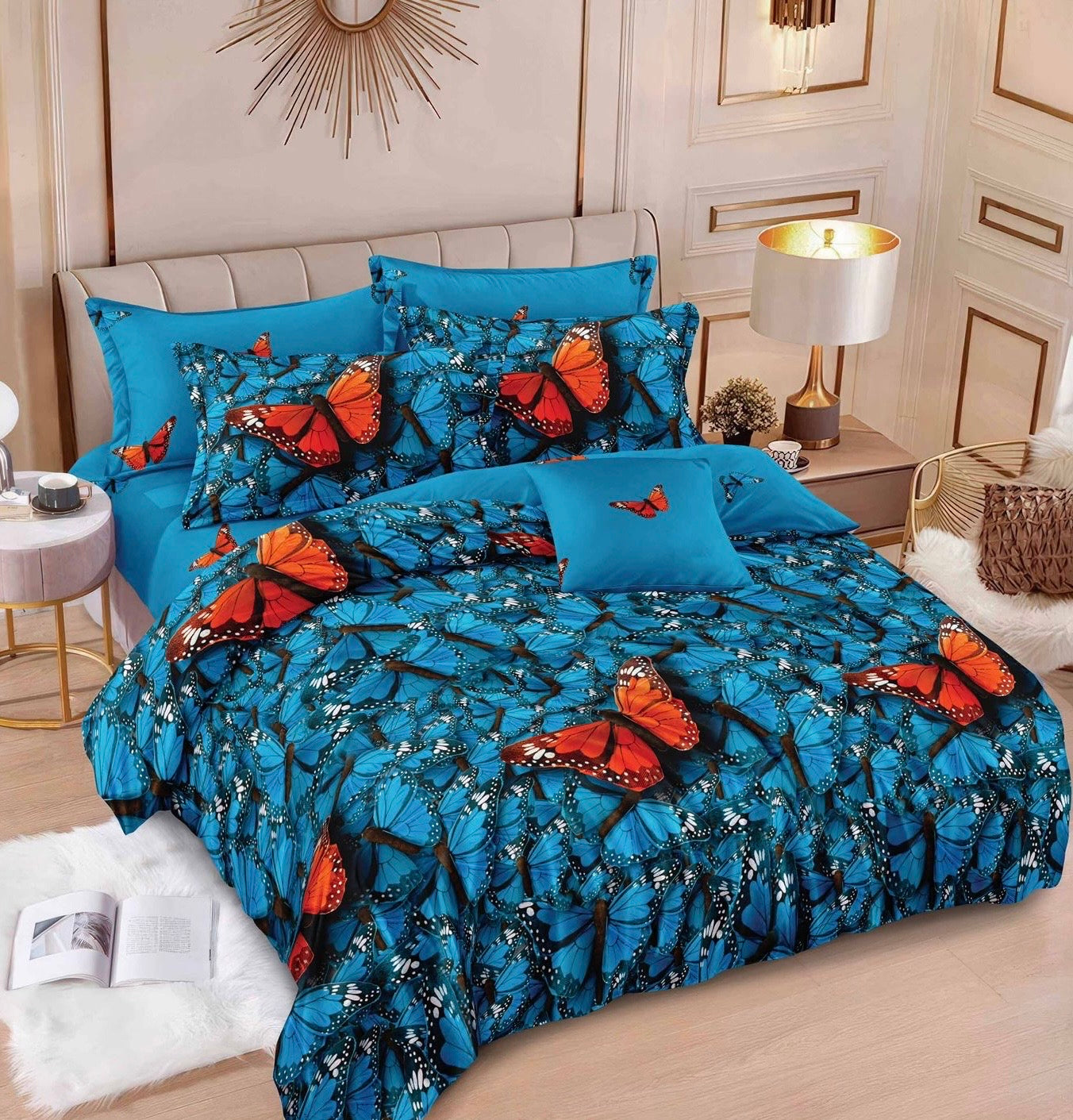 Lenjerie de pat dublu, Bumbac finet, Cearceaf cu elastic sau normal, 6 piese, Albastru fluturi, LBF81