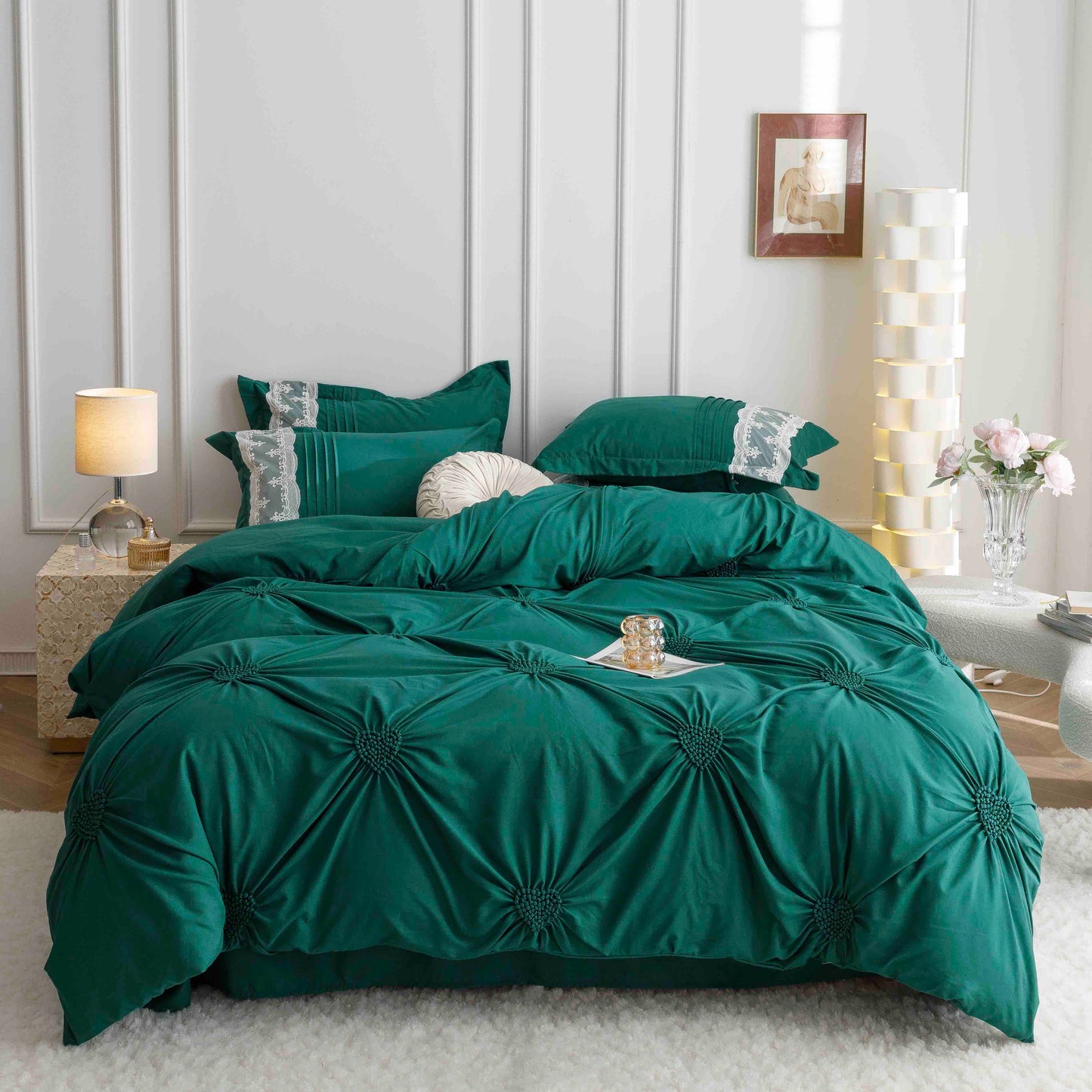 Lenjerie pat dublu inimi brodate , Cearșaf normal, Bumbac finet, 6 piese, Verde, LJB19