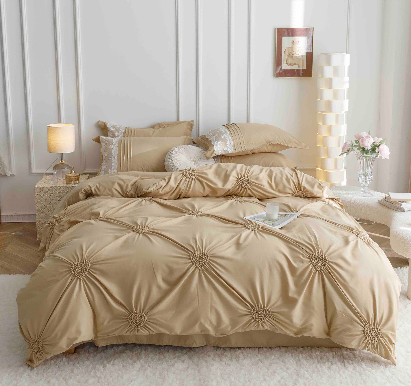 Lenjerie pat dublu inimi brodate, Cearsaf normal, Bumbac finet, 6 piese, Bej, LJB22