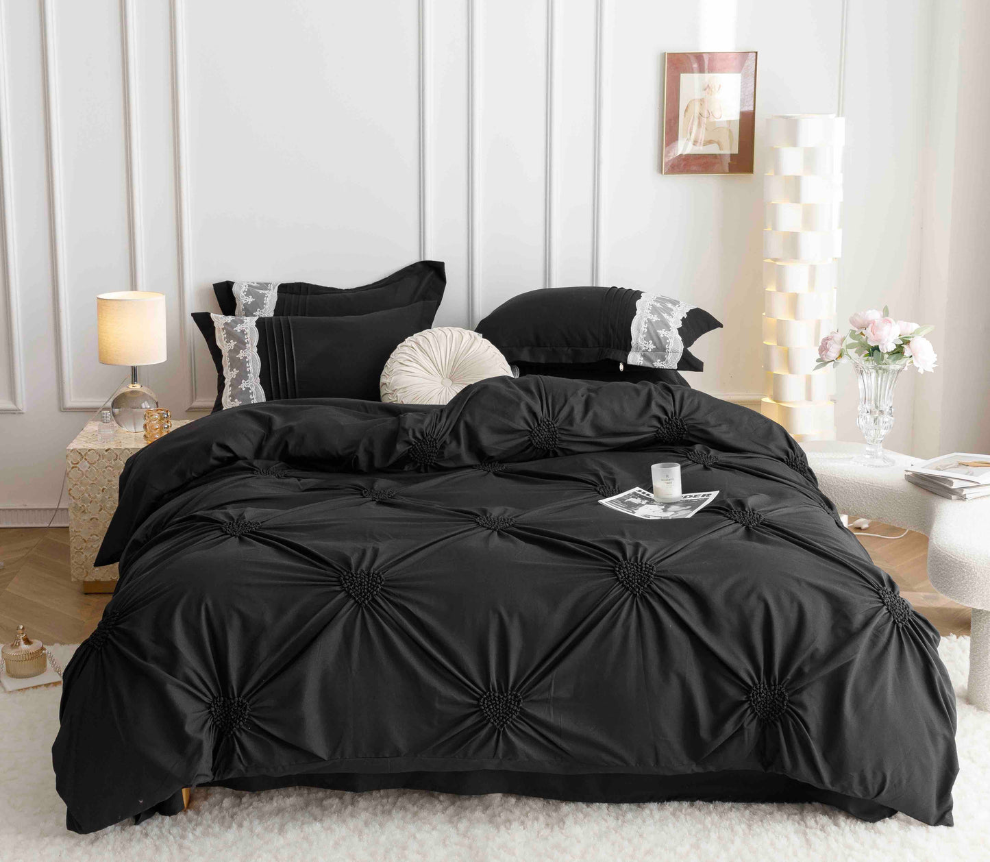 Lenjerie pat dublu inimi brodate, Cearsaf normal,Bumbac finet, 6 piese, Negru, LJB17
