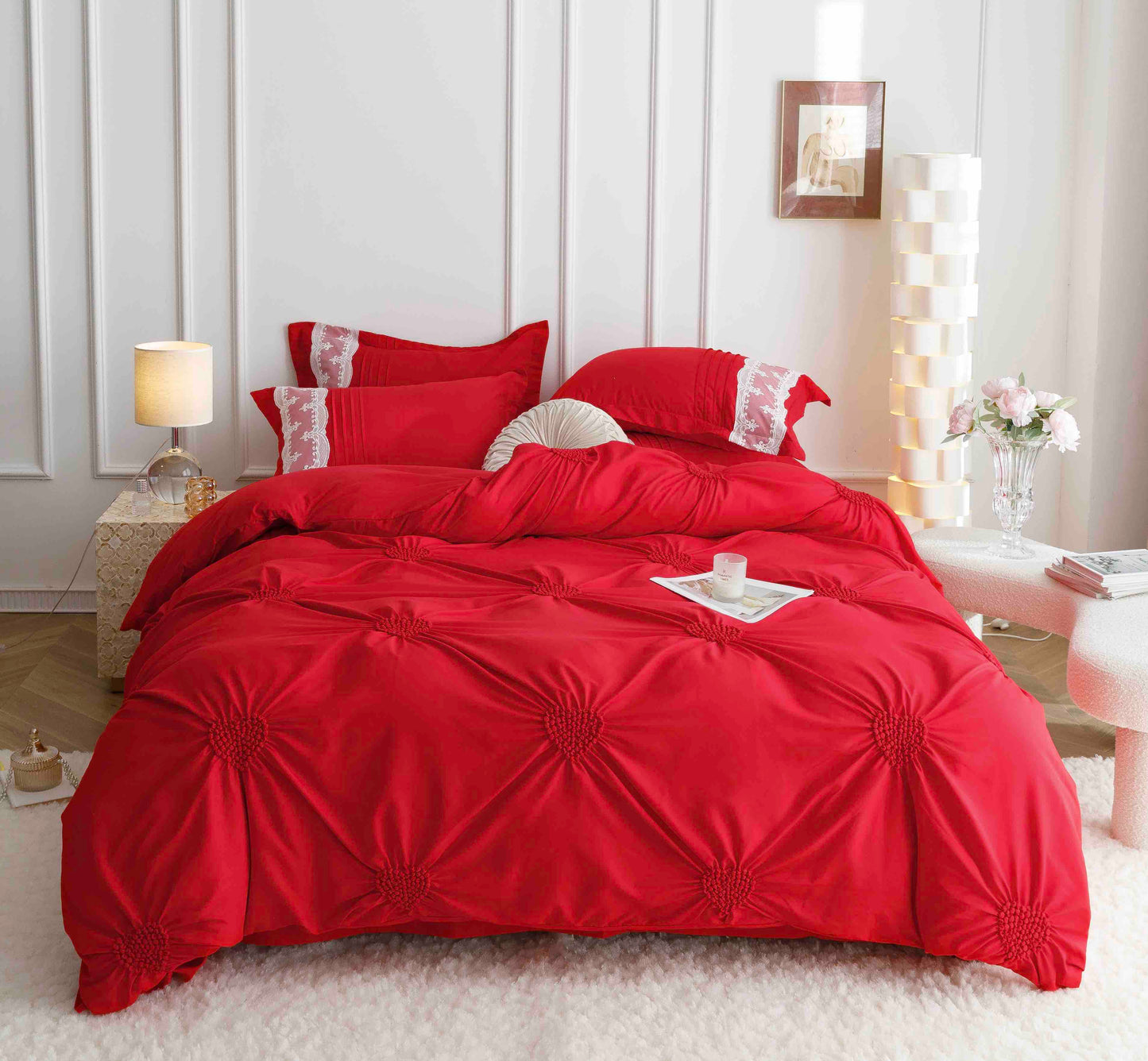 Lenjerie pat dublu inimi brodate, Cearsaf normal, Bumbac finet, 6 piese, Rosu, LJB23