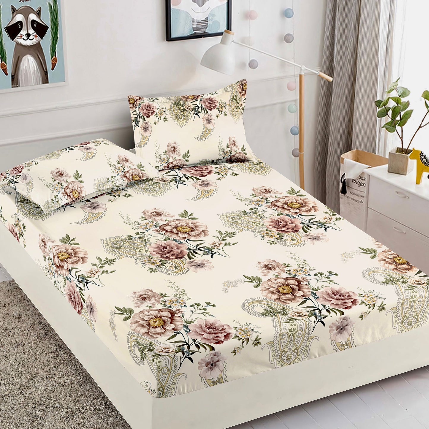 Husa de pat dublu cu elastic + 2 fețe de pernă, 180x200, 160x200, Bumbac, Bej Floral , HBF044