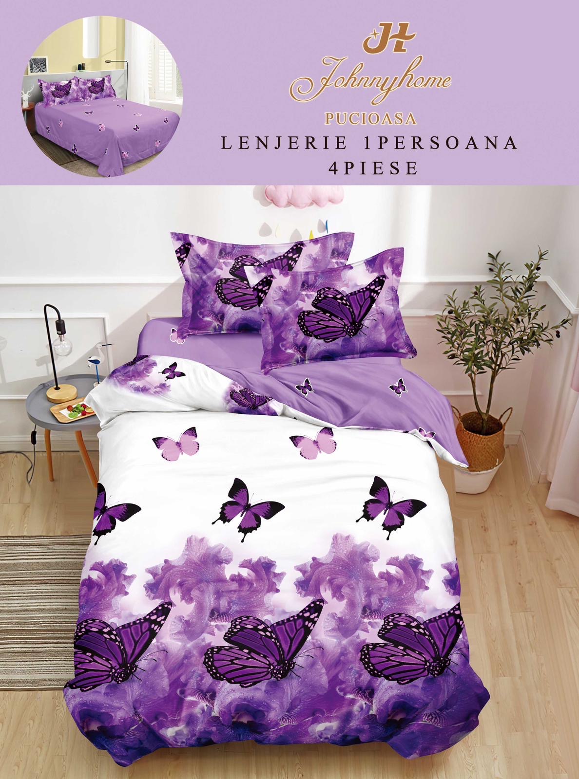 Lenjerie de pat 1 persoană , Bumbac finet, 4 piese, Mov Fluturi, LOP44