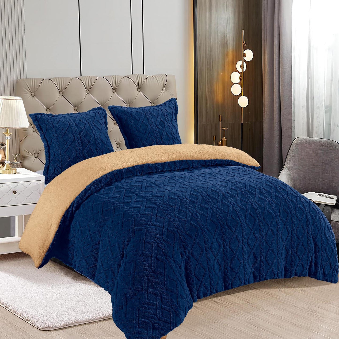 Set Pilota Groasă cocolino Tricot cu blăniță si 2 fețe de pernă, Albastru , PIL003