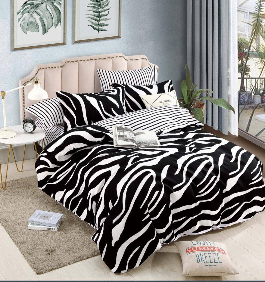 Lenjerie pat dublu, Bumbac Finet, cearșaf cu elastic, 6 piese, alb-negru Zebra, LBF7