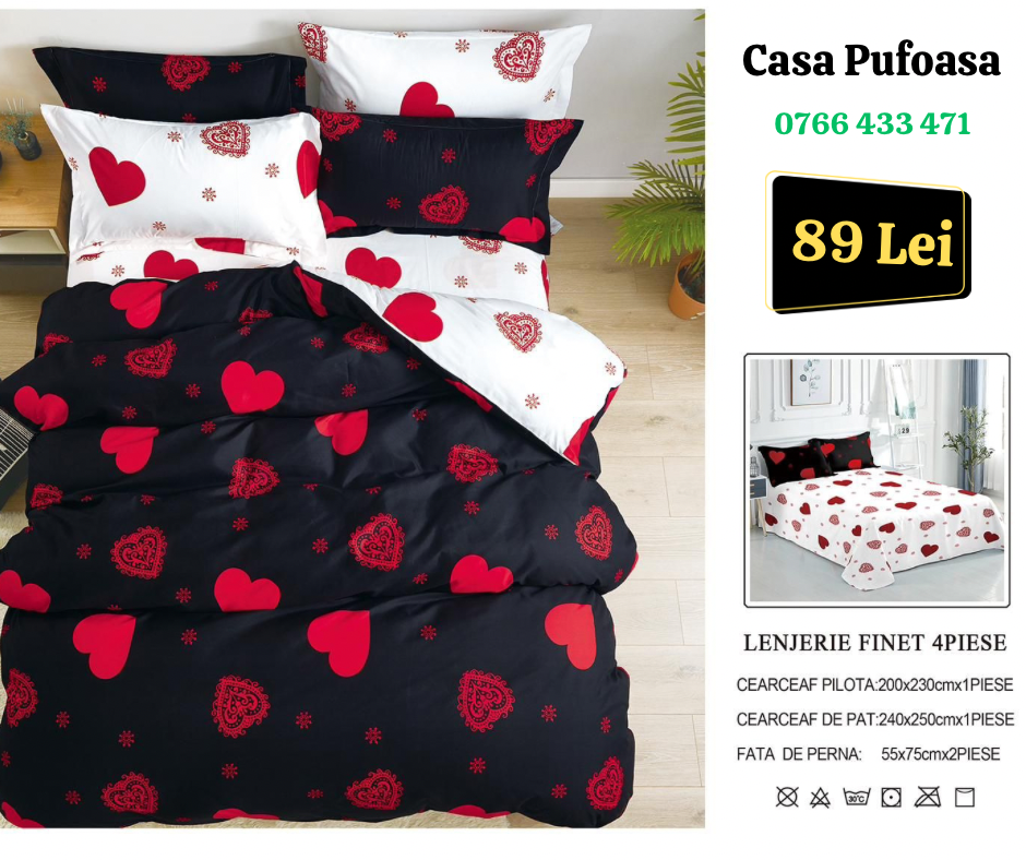 Lenjerie de pat dublu Finet , 4 piese , imprimeu inimi negru/alb