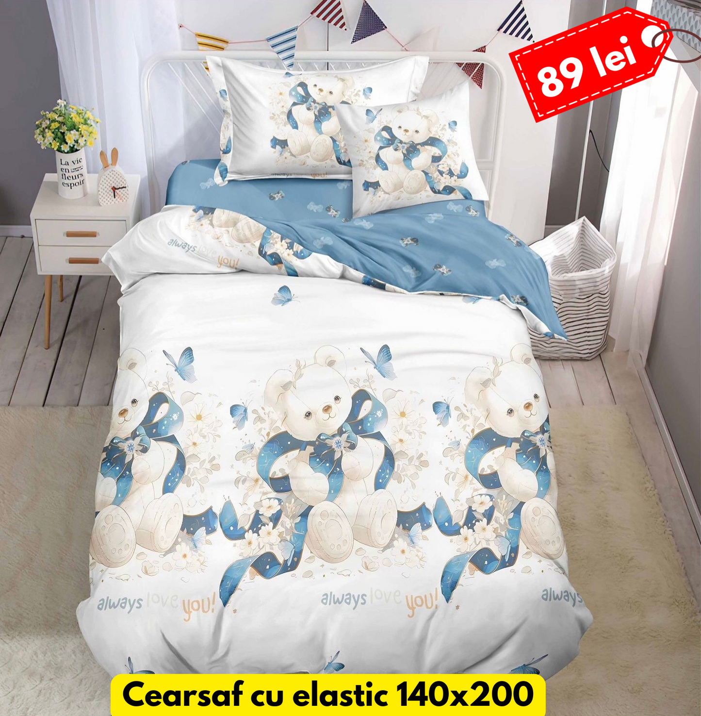 Lenjerie de pat, 1 persoana, Bumbac Finet, 4 piese, Cearceaf cu Elastic, LPE42