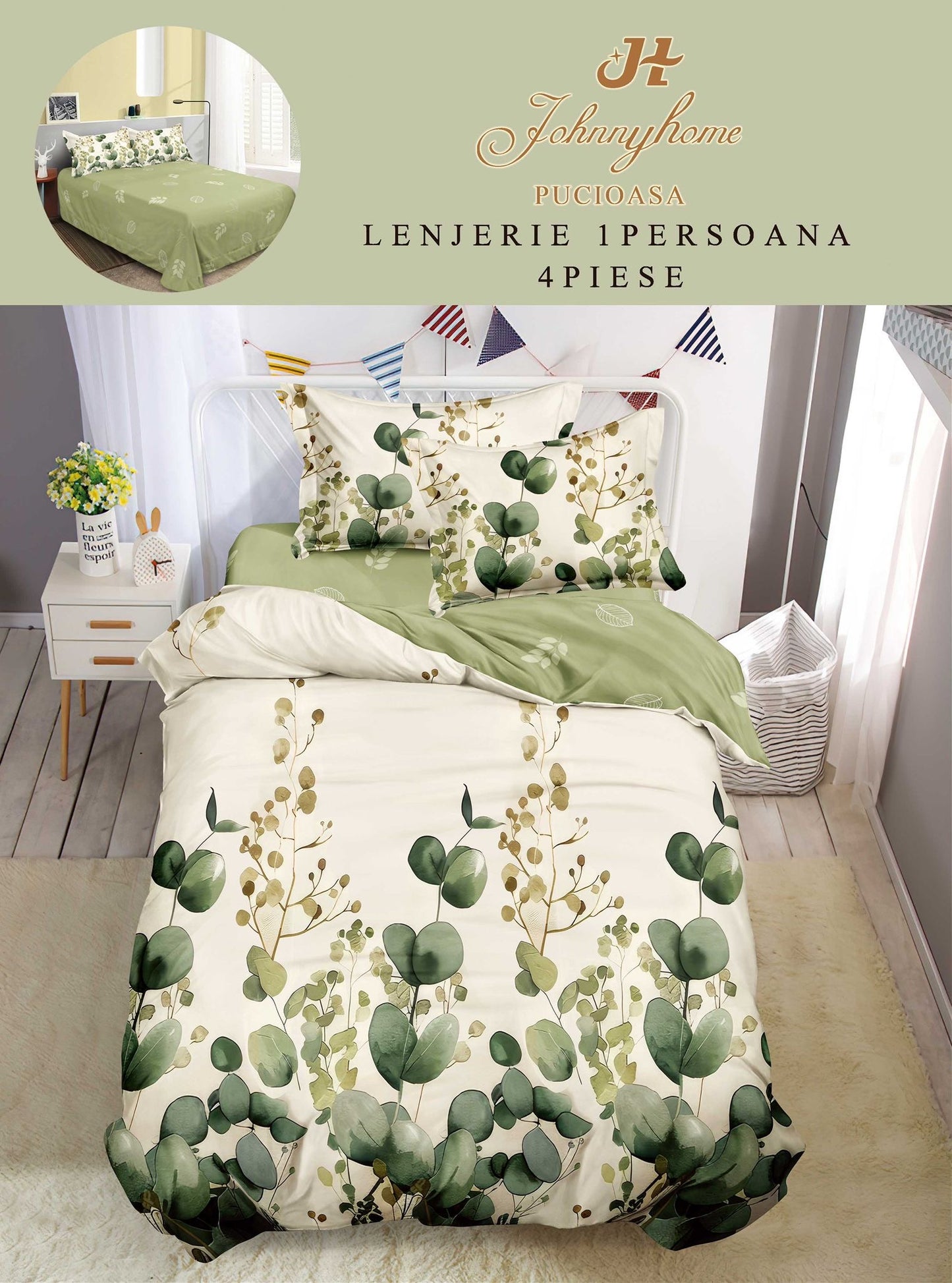 Lenjerie de pat 1 persoană , Bumbac finet, 4 piese, Verde Floral, LOP42