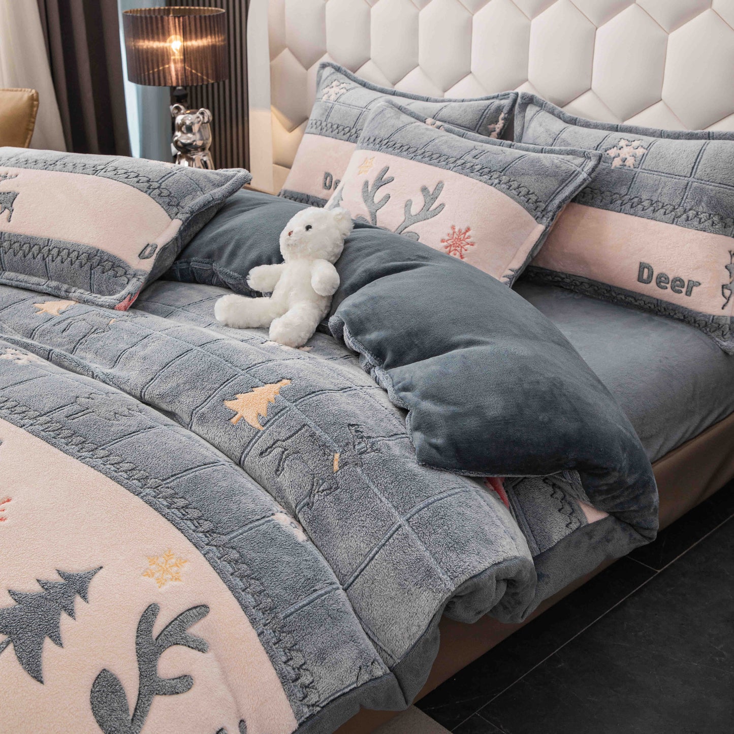 Lenjerie de pat dublu Cocolino , cearceaf cu elastic , 4 piese, Alb-Gri, LC15