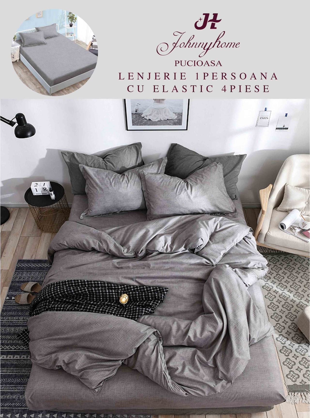 Lenjerie de pat, 1 persoana, Bumbac Finet, 4 piese, Cearceaf cu Elastic , LPE18