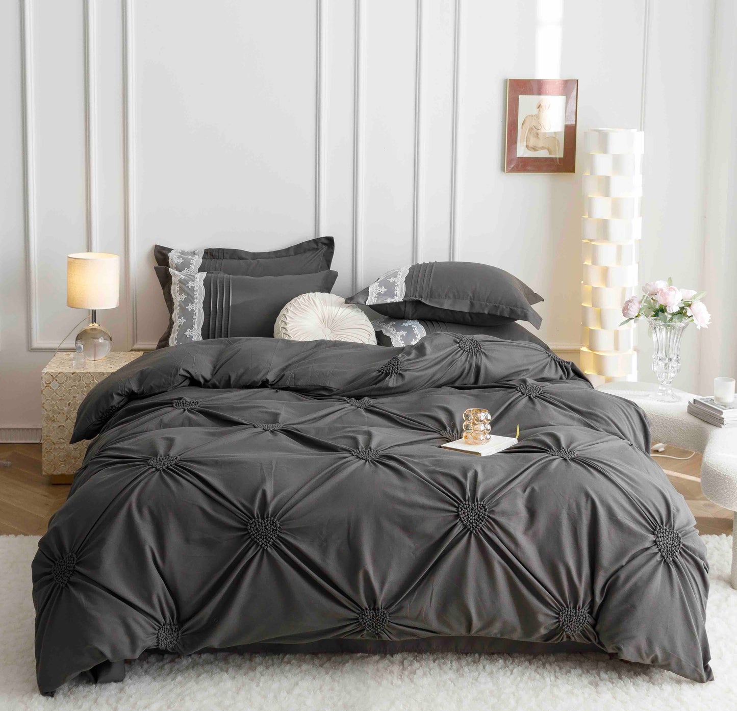 Lenjerie pat dublu inimi brodate, Cearsaf normal, Bumbac finet, 6 piese, Gri-inchis, LJB20