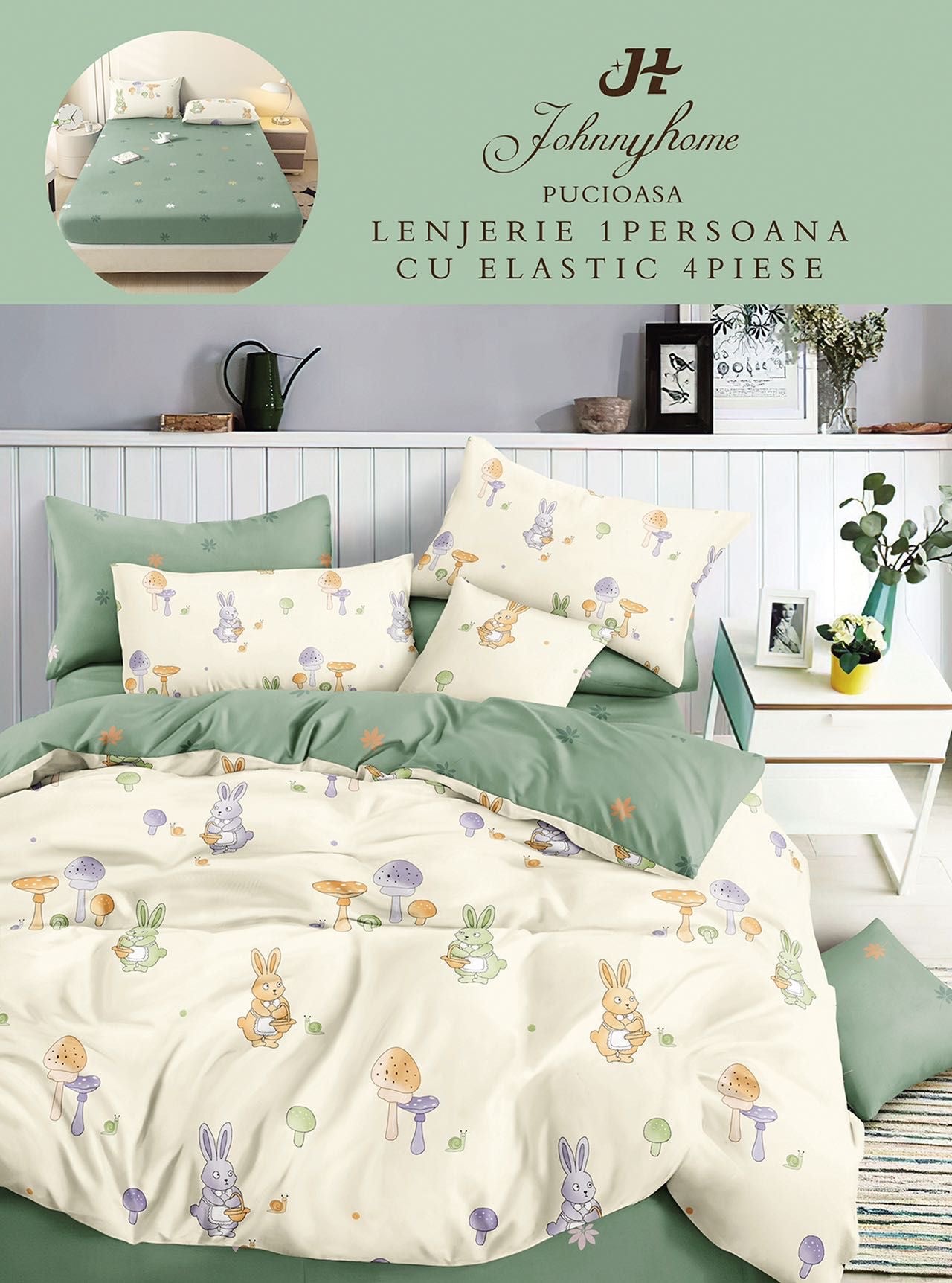Lenjerie de pat, 1 persoana, Bumbac Finet, 4 piese, Cearceaf cu Elastic
, LPE11