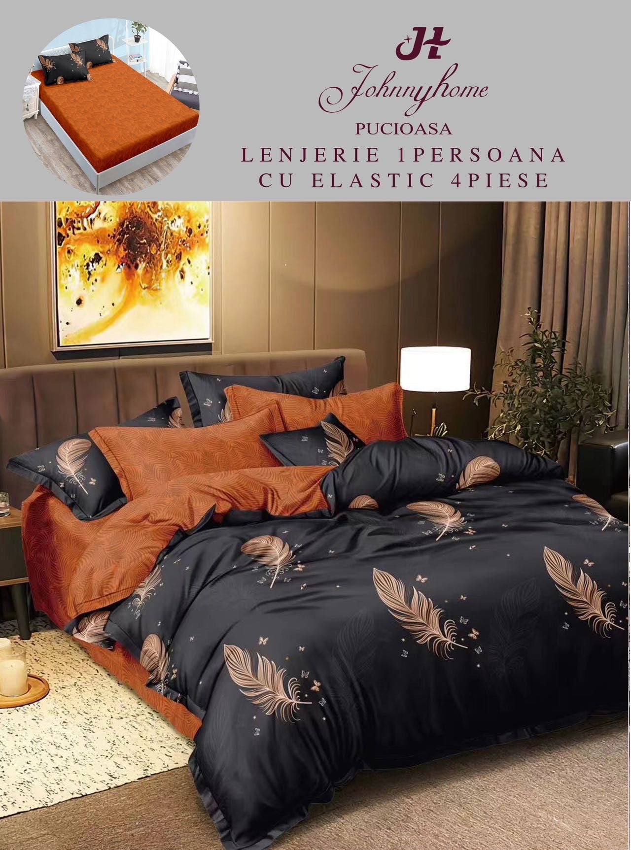 Lenjerie de pat, 1 persoana, Bumbac Finet, 4 piese, Cearceaf cu Elastic , LPE14