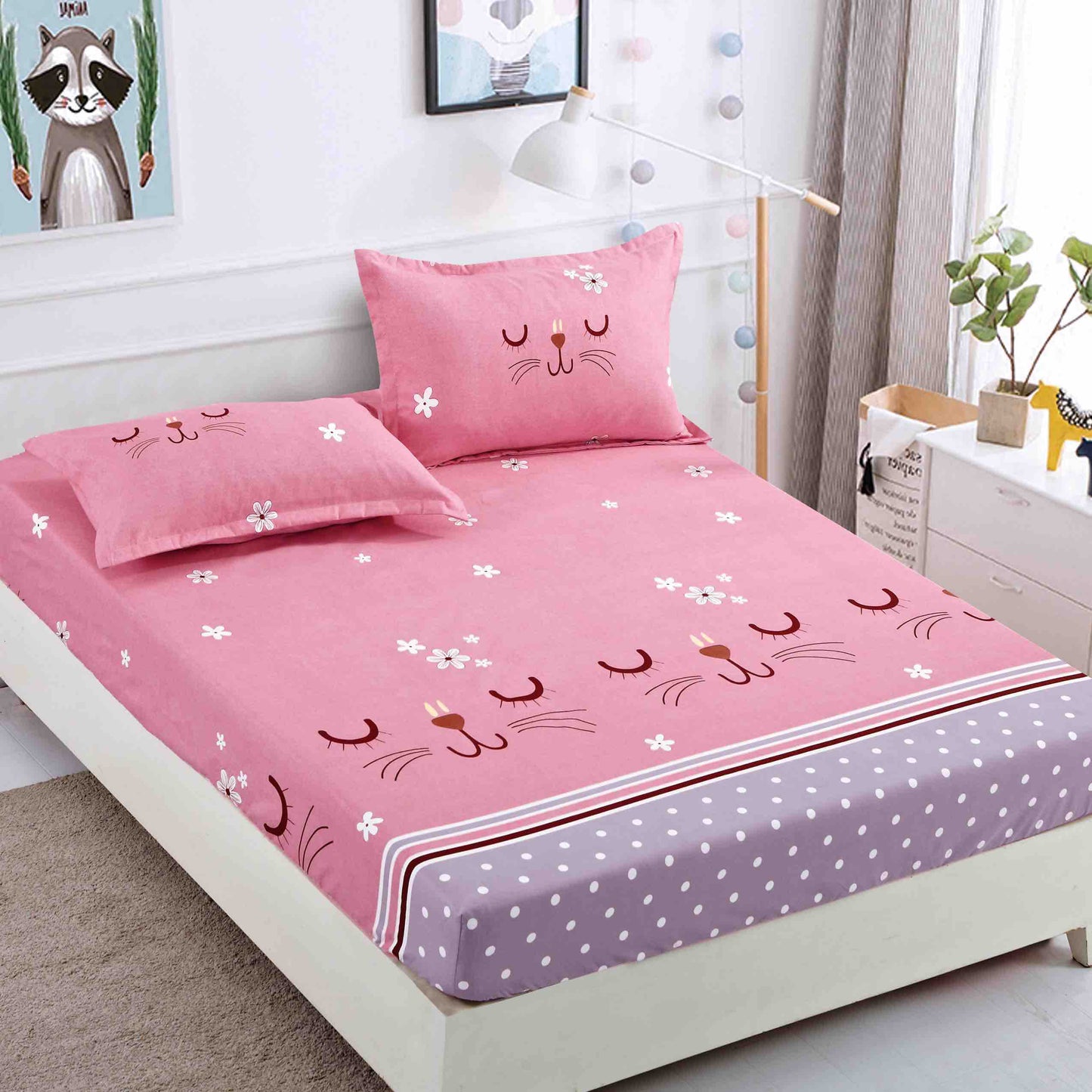 Set 3 piese, Husa de pat cu elastic din Bumbac Finet, 2 Fete de Perna, Pat 1 Persoana, 90x200, HJP24