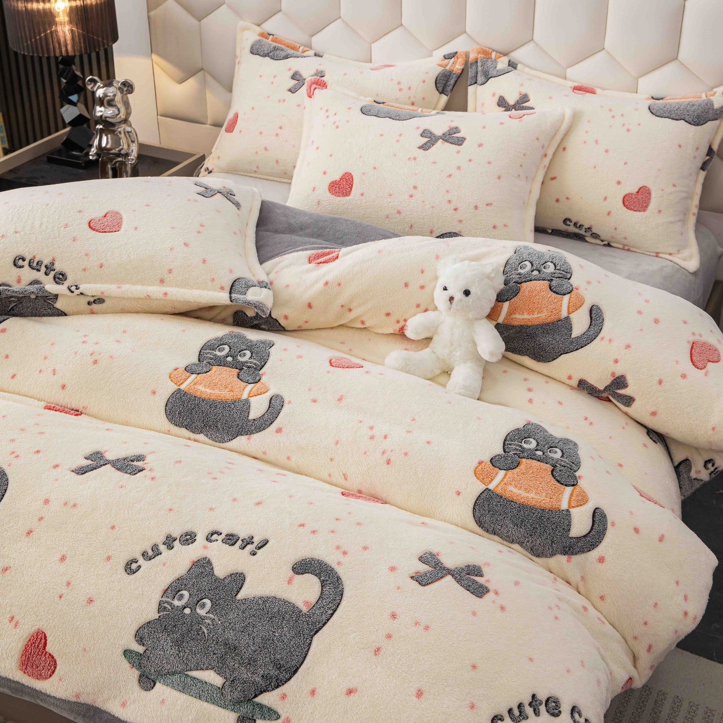 Lenjerie de pat dublu Cocolino , cearceaf cu elastic , 4 piese, Crem-Gri, LC12