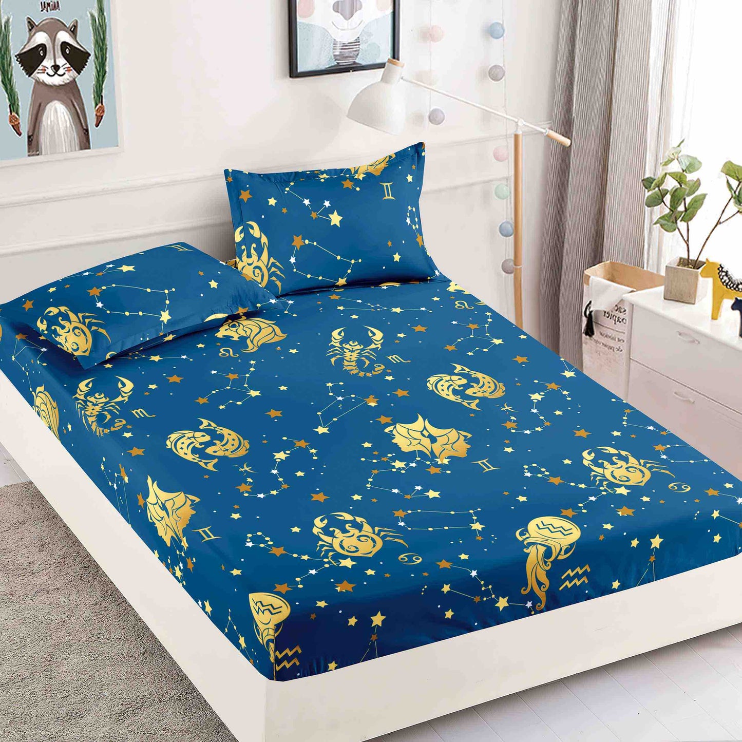 Set 3 piese, Husa de pat cu elastic din Bumbac Finet, 2 Fete de Perna, Pat 1 Persoana, 90x200, HJP12