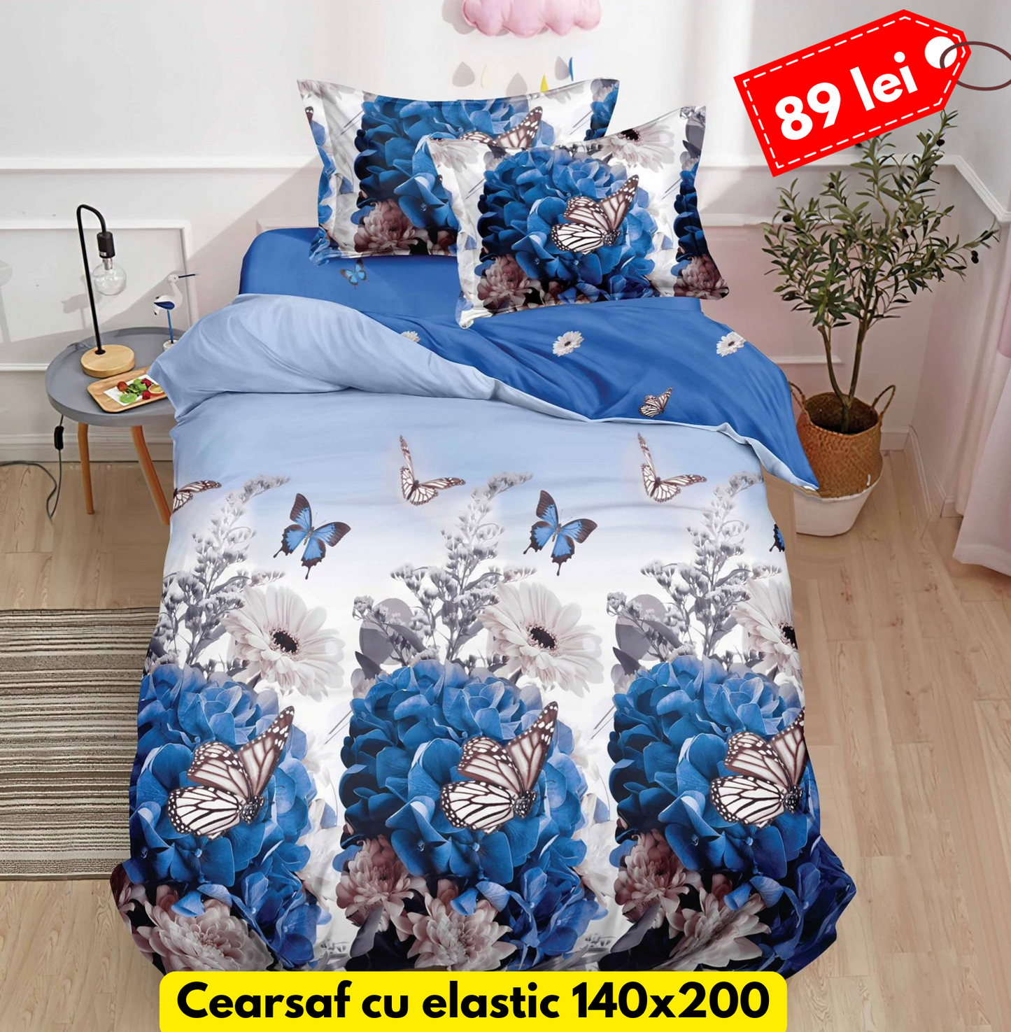 Lenjerie de pat, 1 persoana, Bumbac Finet, 4 piese, Cearceaf cu Elastic, LPE35