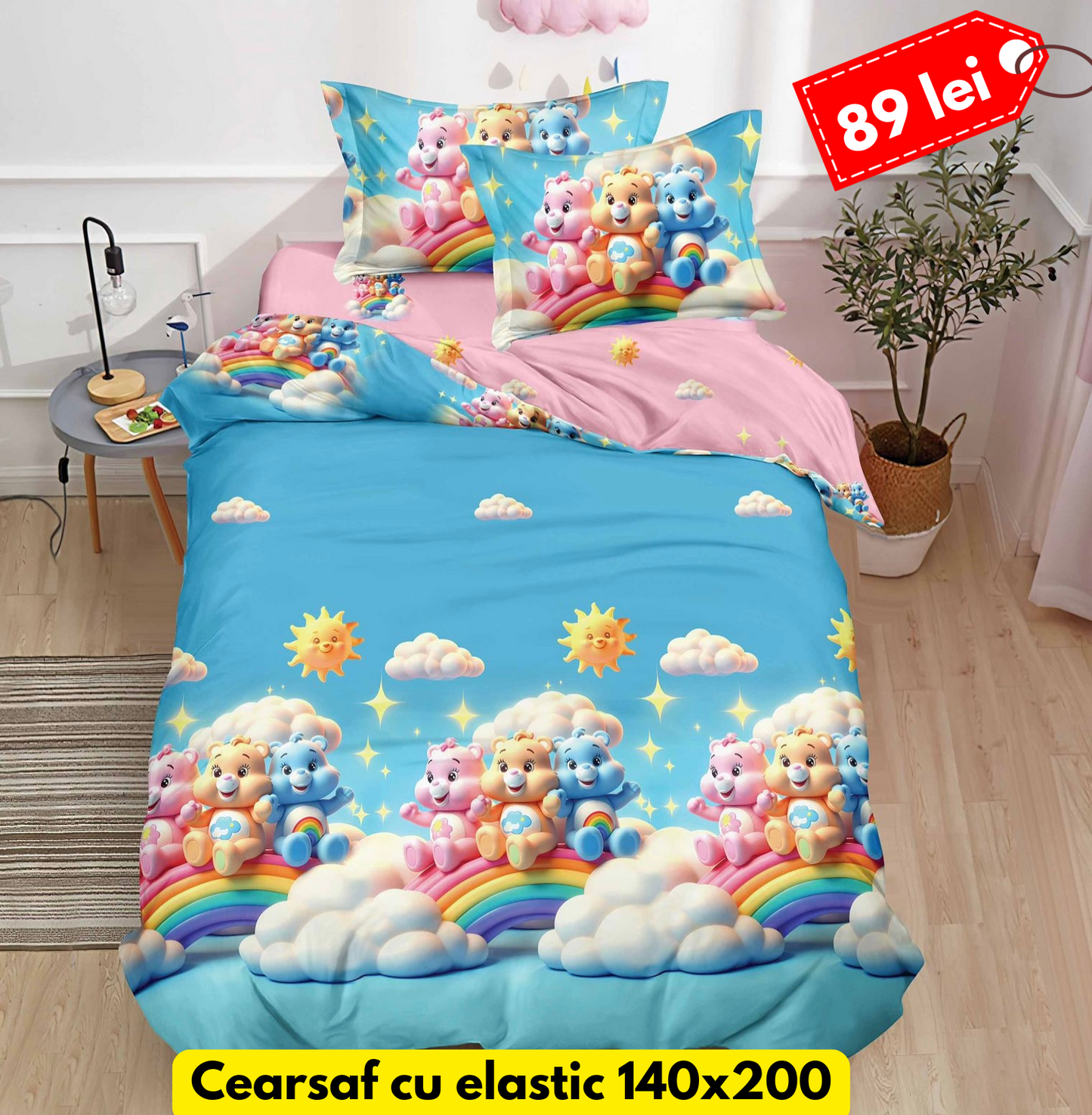 Lenjerie de pat, 1 persoana, Bumbac Finet, 4 piese, Cearceaf cu Elastic, LPE38