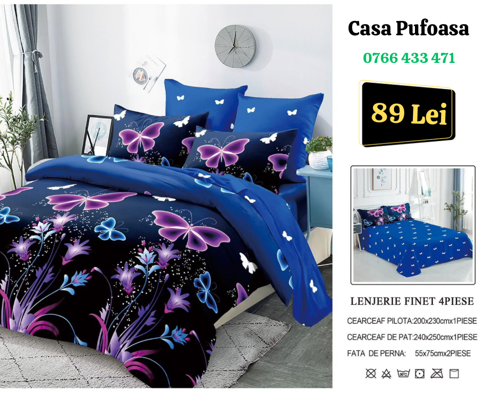 Lenjerie de pat dublu Finet , 4 piese , Fluturi / albastru