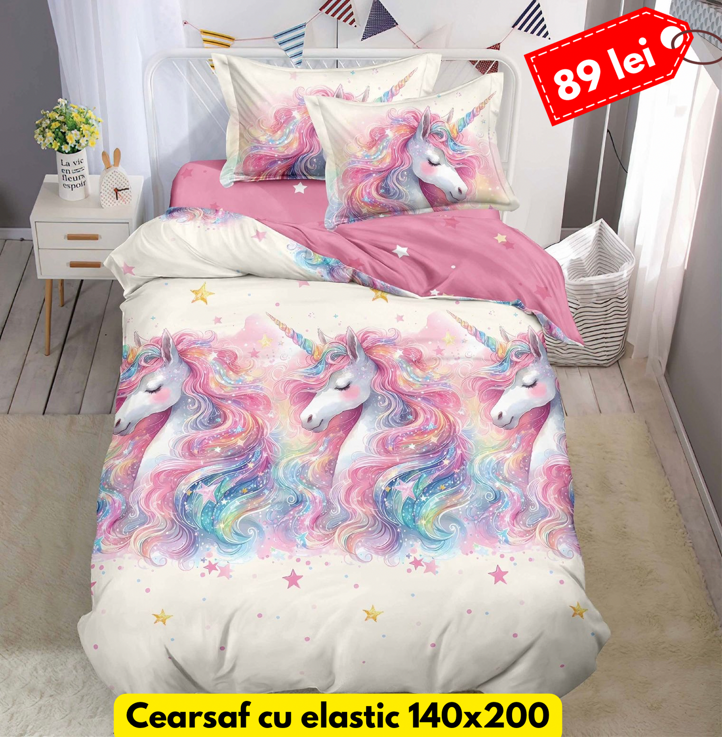 (Lenjerie de pat, 1 persoana, Bumbac Finet, 4 piese, Cearceaf cu Elastic, LPE46