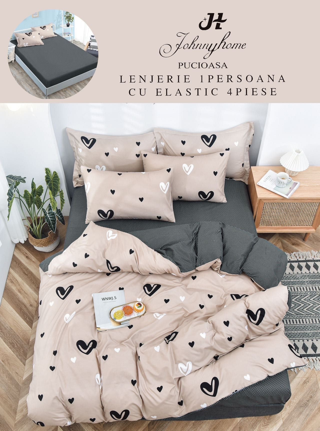 Lenjerie de pat, 1 persoana, Bumbac Finet, 4 piese, Cearceaf cu Elastic , LPE20