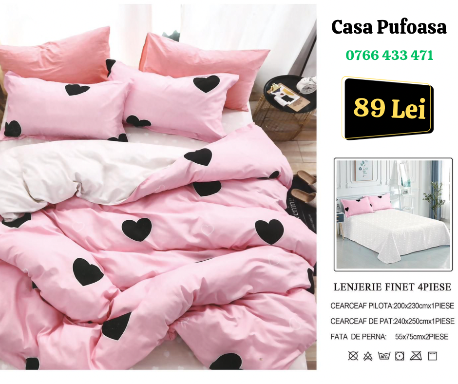 Lenjerie de pat dublu Finet , 4 piese , Inimi/Roz