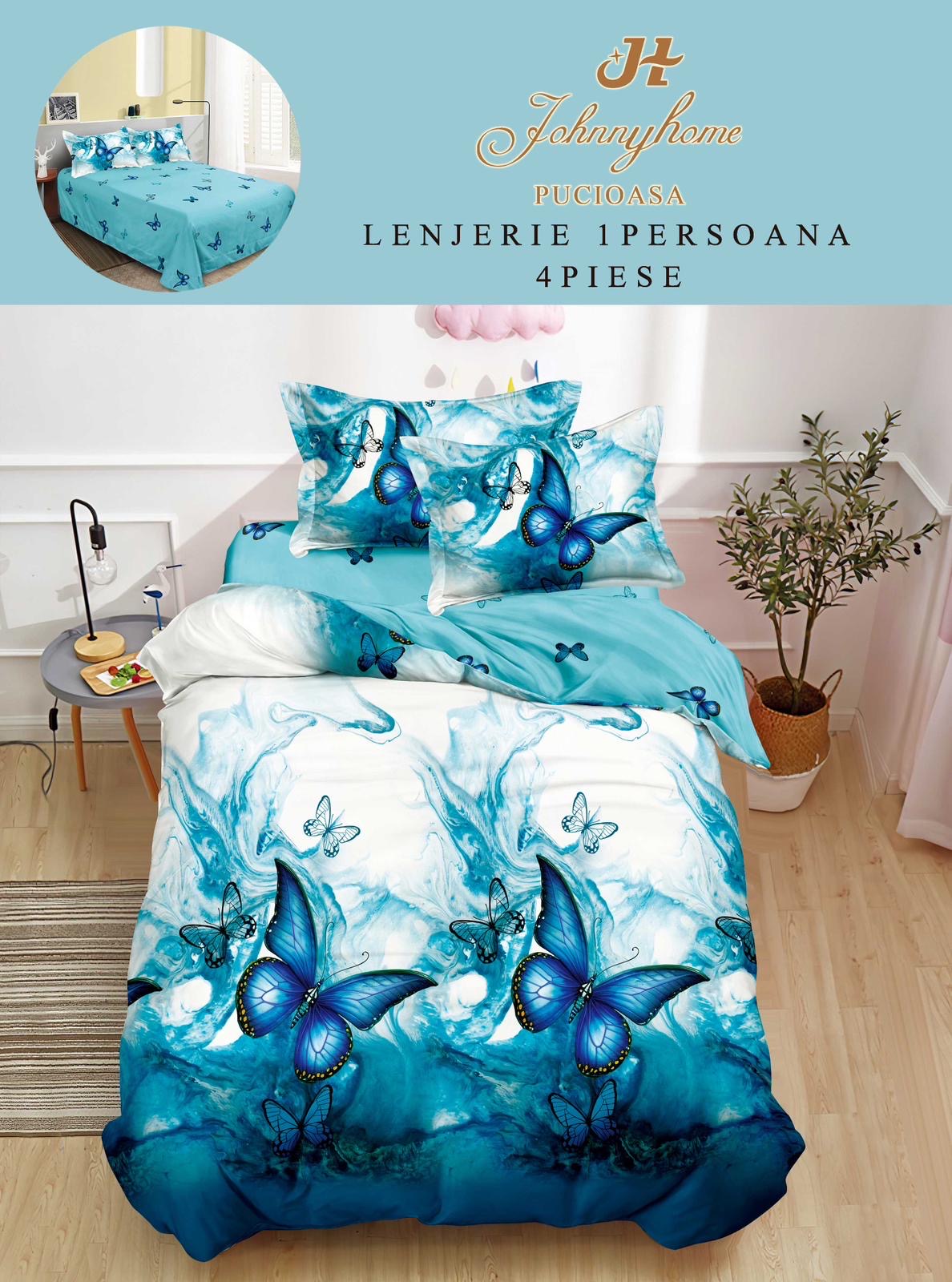 Lenjerie de pat 1 persoană , Bumbac finet, 4 piese, Turcoaz Fluturi, LOP40