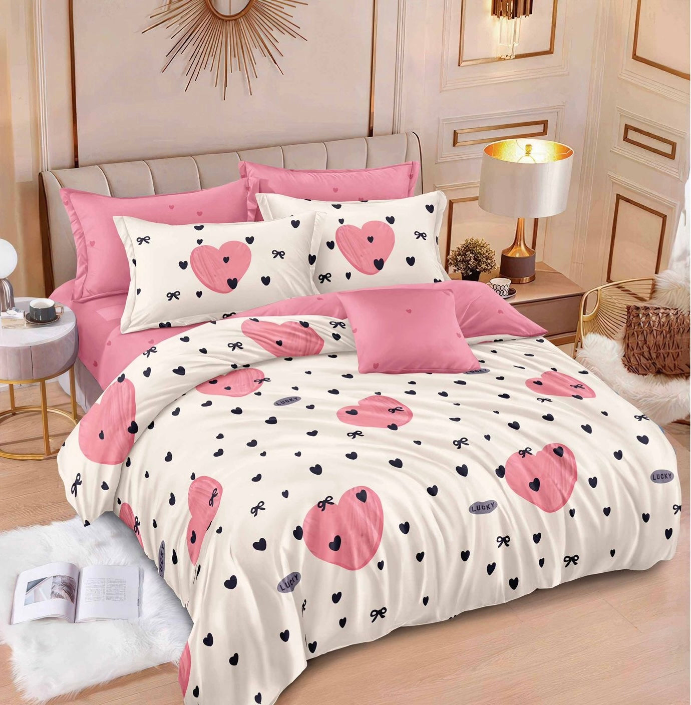 Lenjerie de pat dublu, Bumbac finet, Cearceaf cu elastic sau normal, 6 piese, Alb-Roz, LBF47