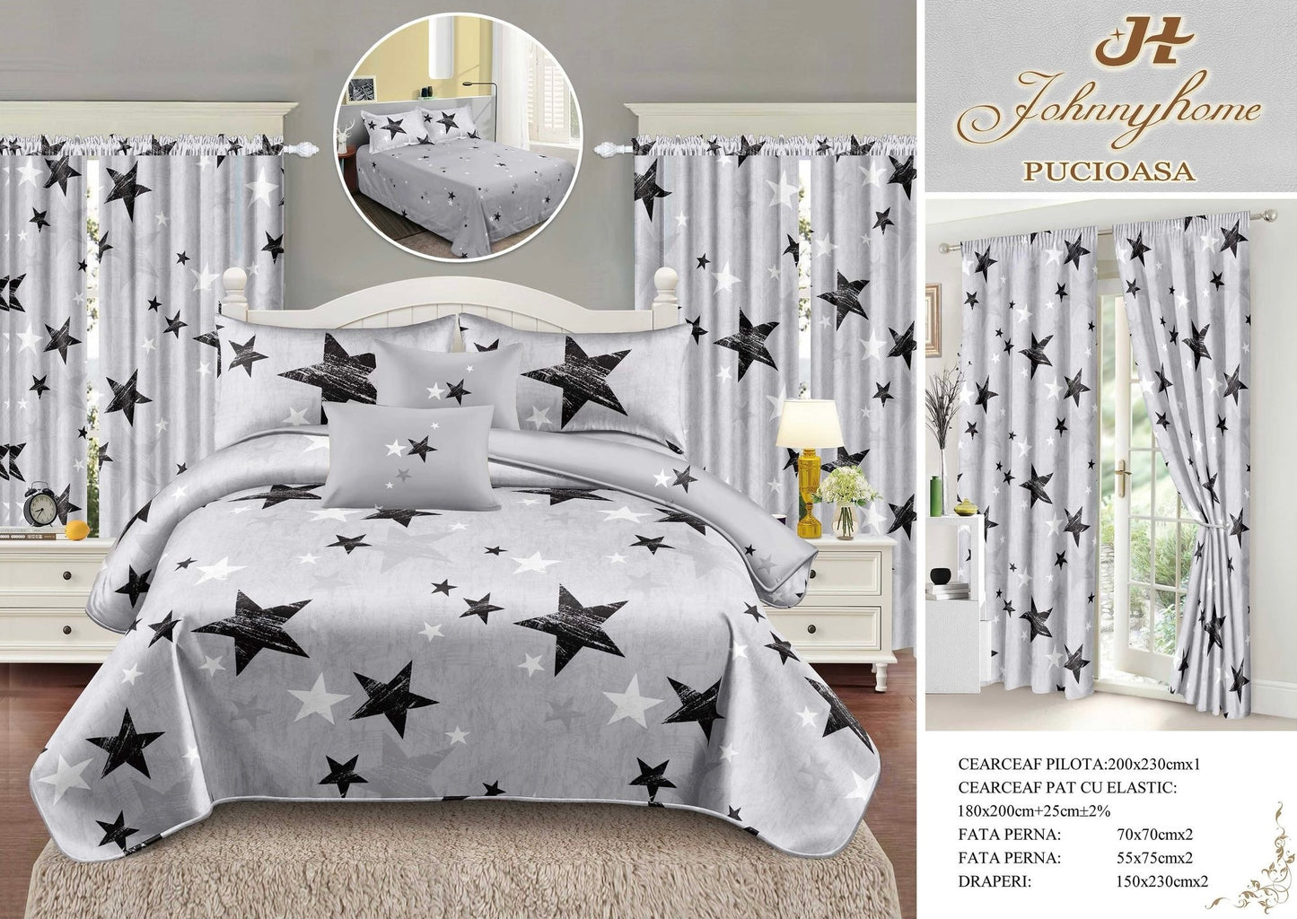 Set Lenjerie de pat Dublu Pucioasa + Draperii , set 8 piese, Gri Stele, LDP21