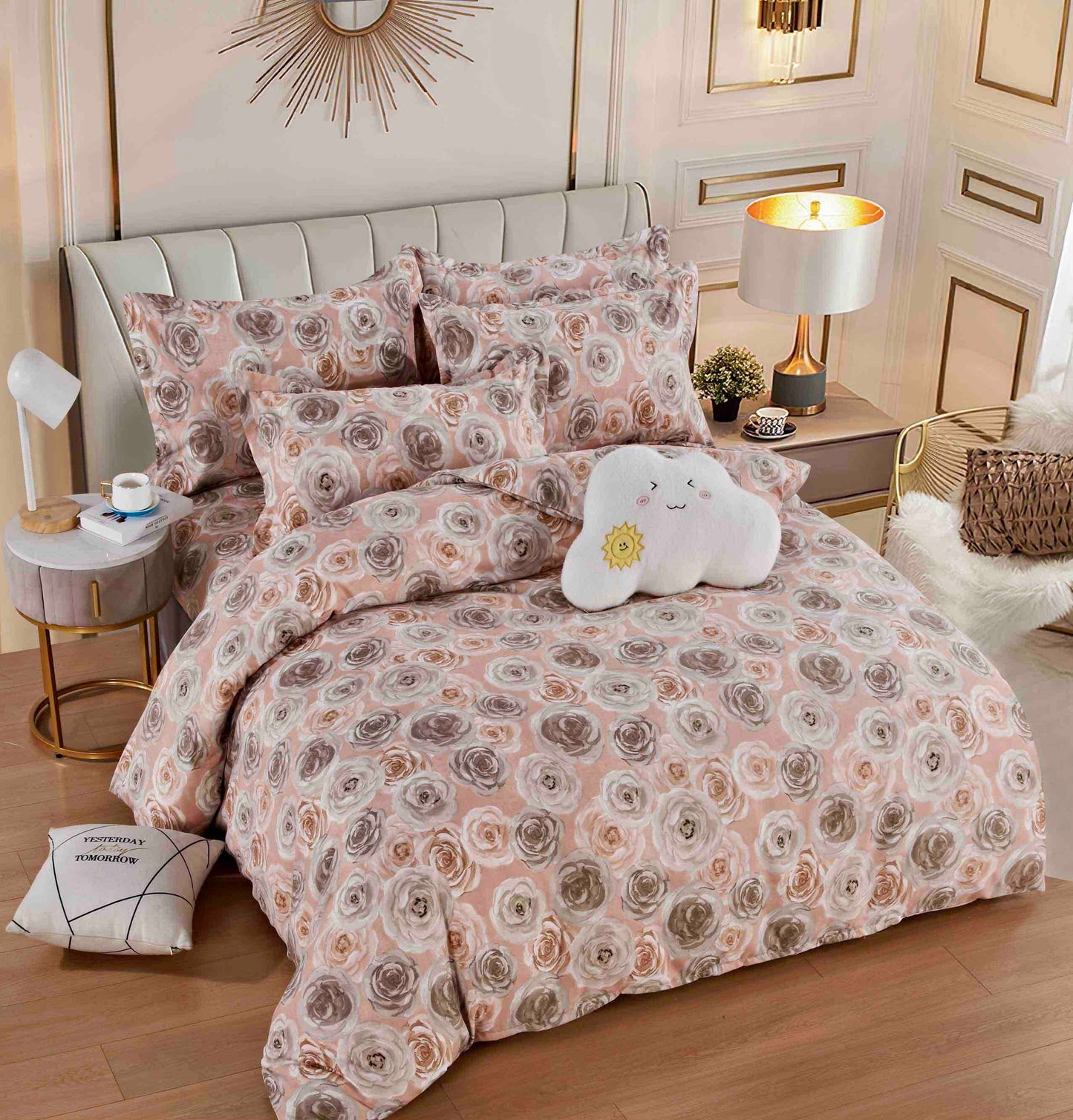 Lenjerie de pat dublu Bumbac finet, cearceaf la alegere normal sau elastic, 6 piese, Model Trandafiri, COD LBF68