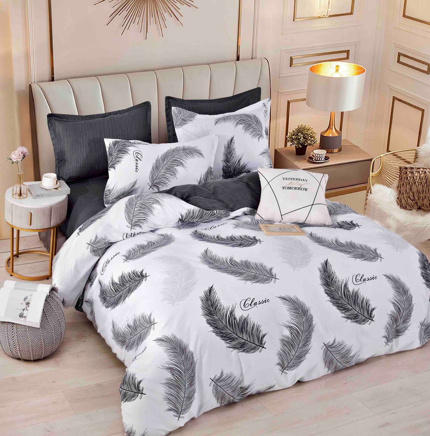 Lenjerie de pat dublu, cearceaf normal sau elastic, Bumbac Finet, 6 piese, GRI PENE, LJPE01