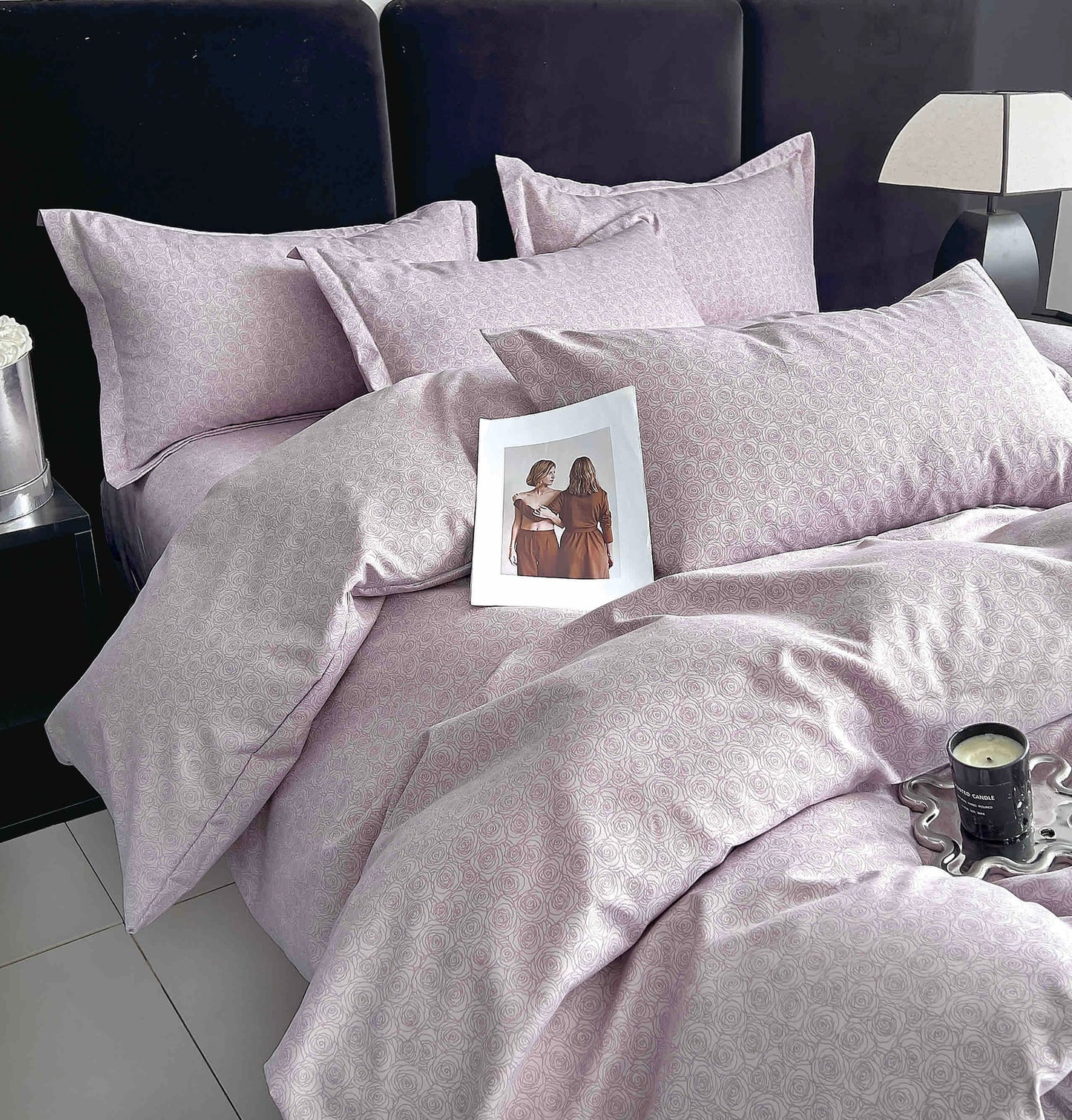 Lenjerie de pat dublu Bumbac finet, cearceaf la alegere normal sau elastic, 6 piese, Mov, COD LBF72