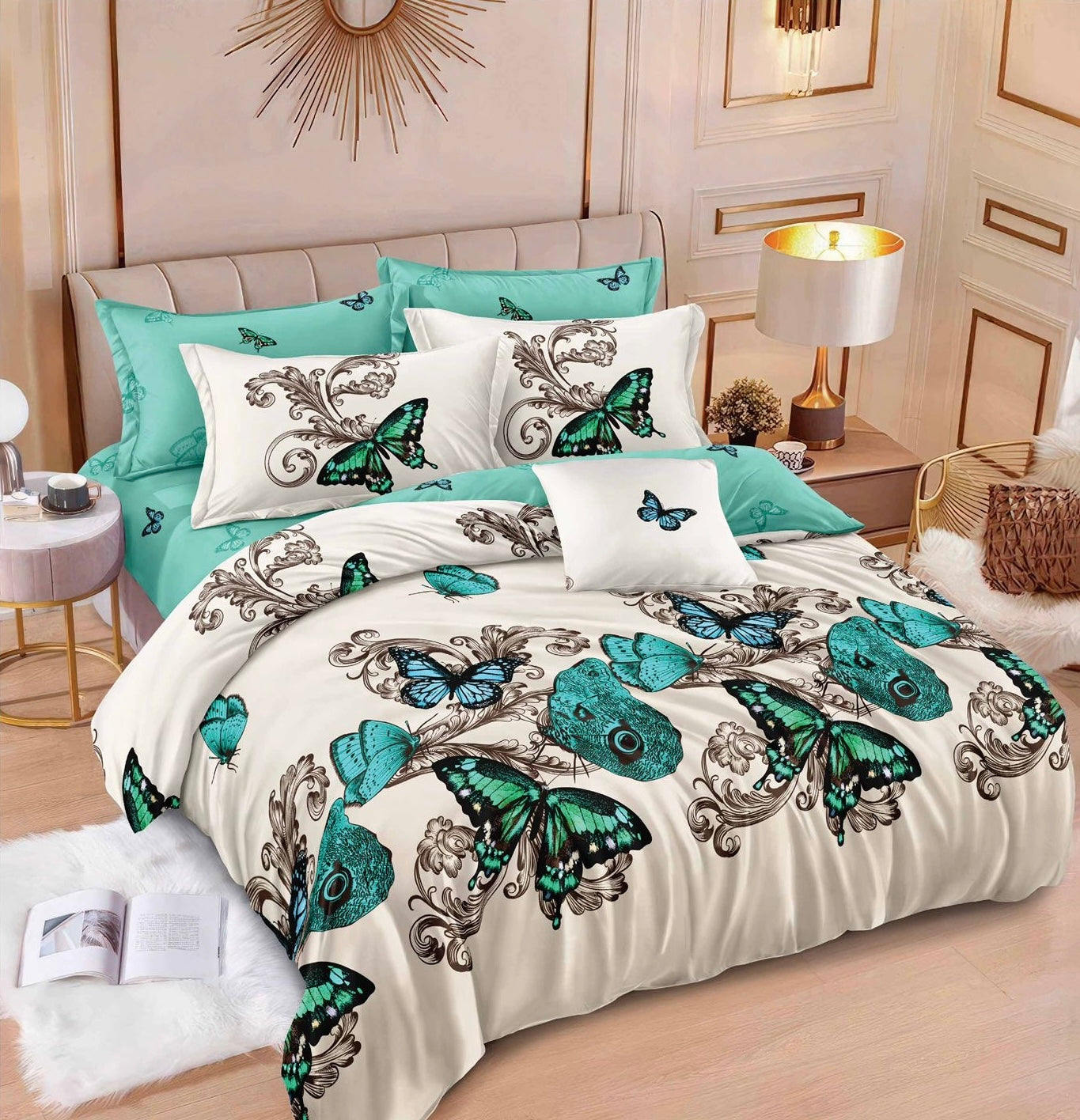 Lenjerie de pat dublu, Bumbac finet, Cearceaf cu elastic sau normal, 6 piese, Verde Aqua, LBF55