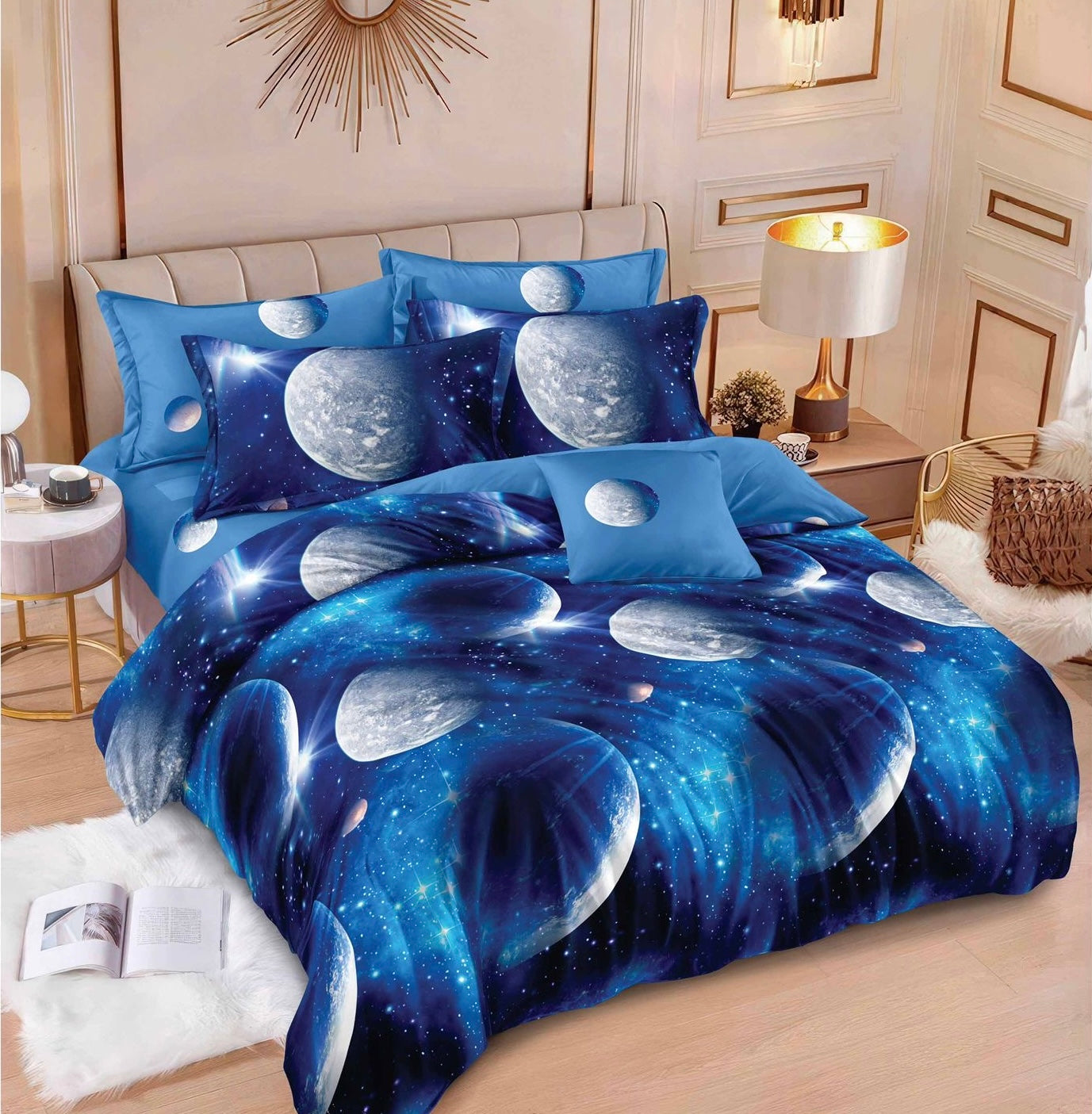 Lenjerie de pat dublu, Bumbac finet, Cearceaf cu elastic sau normal, 6 piese, Albastru, LBF53