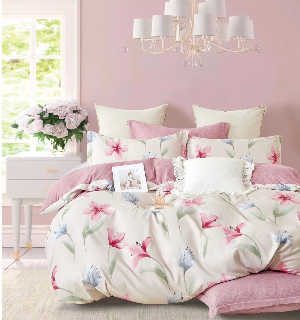 Lenjerie de pat dublu PUCIOASA, cearceaf cu normal, Bumbac Finet, 6 piese, Roz-Crem Floral ,LJP22