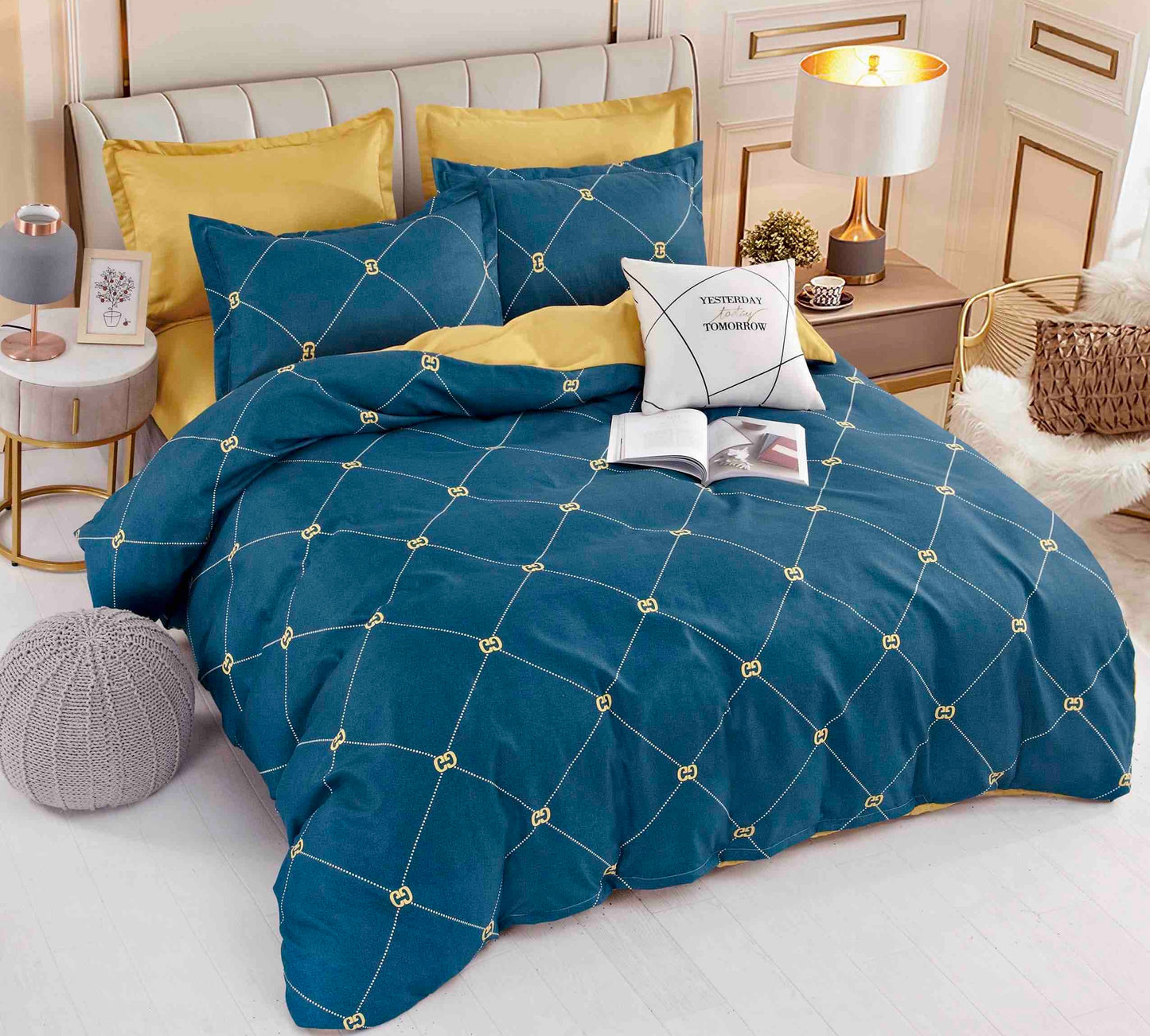 Lenjerie pat dublu, Cearceaf normal sau cu elastic, Bumbac finet, 6 piese, Albastru-Galben LBF012