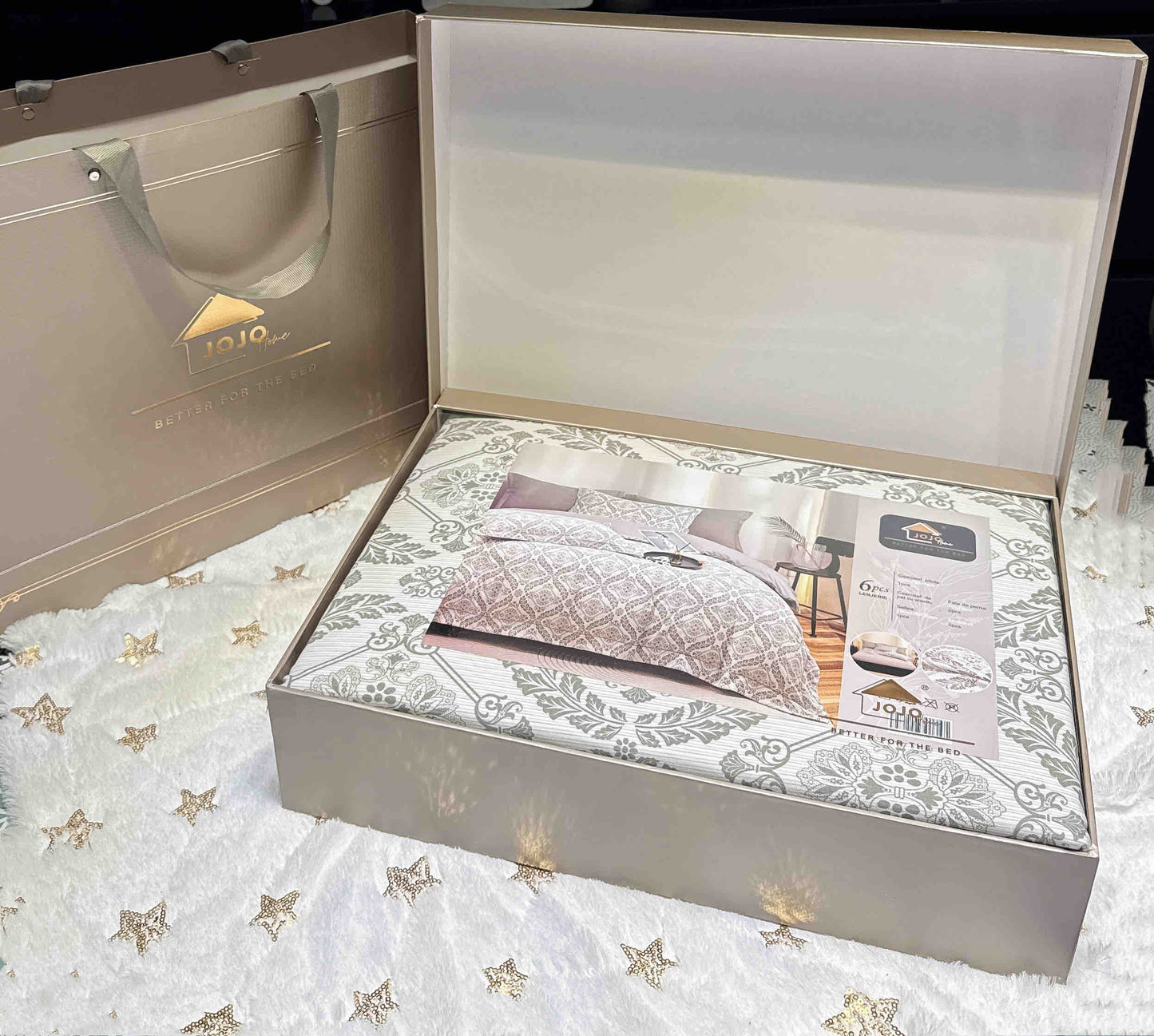 Lenjerie de Pat Dublu, Model Lux, Cutie Cadou, 6 Piese, Cearceaf cu Elastic, Bumbac, LJH-07