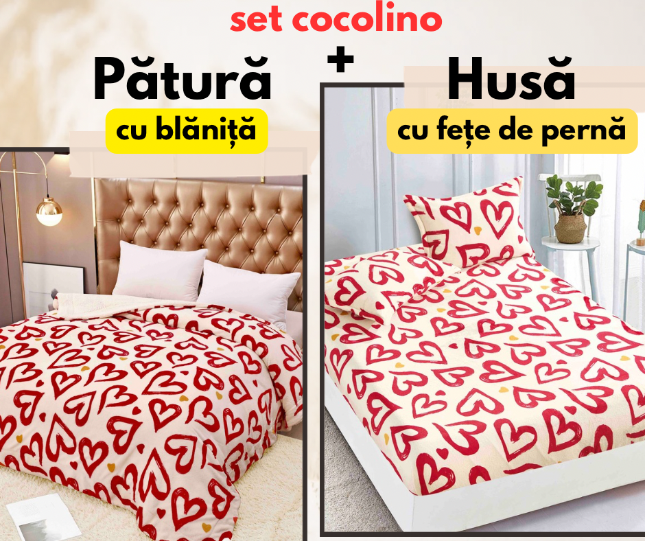 Set de pat dublu Cocolino , Husă cu elastic + pătură cu blăniță, Model inimi, alb-rosu, SET12