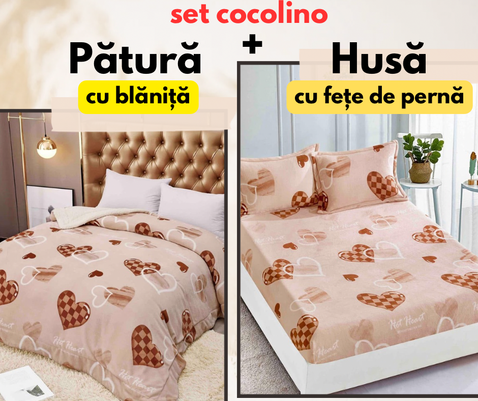 Set de pat dublu Cocolino , Husă cu elastic + pătură cu blăniță, Model inimi, SET13