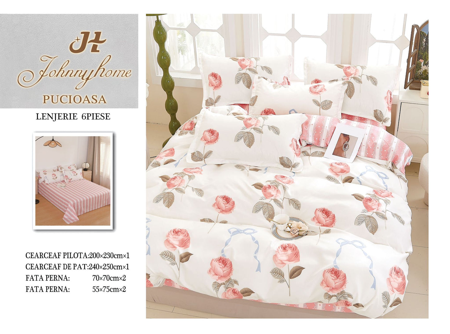 Lenjerie de pat dublu Pucioasa, cearsaf de pat normal, Bumbac Finet, 6 piese, Alb-Roz Trandafiri, LJP03