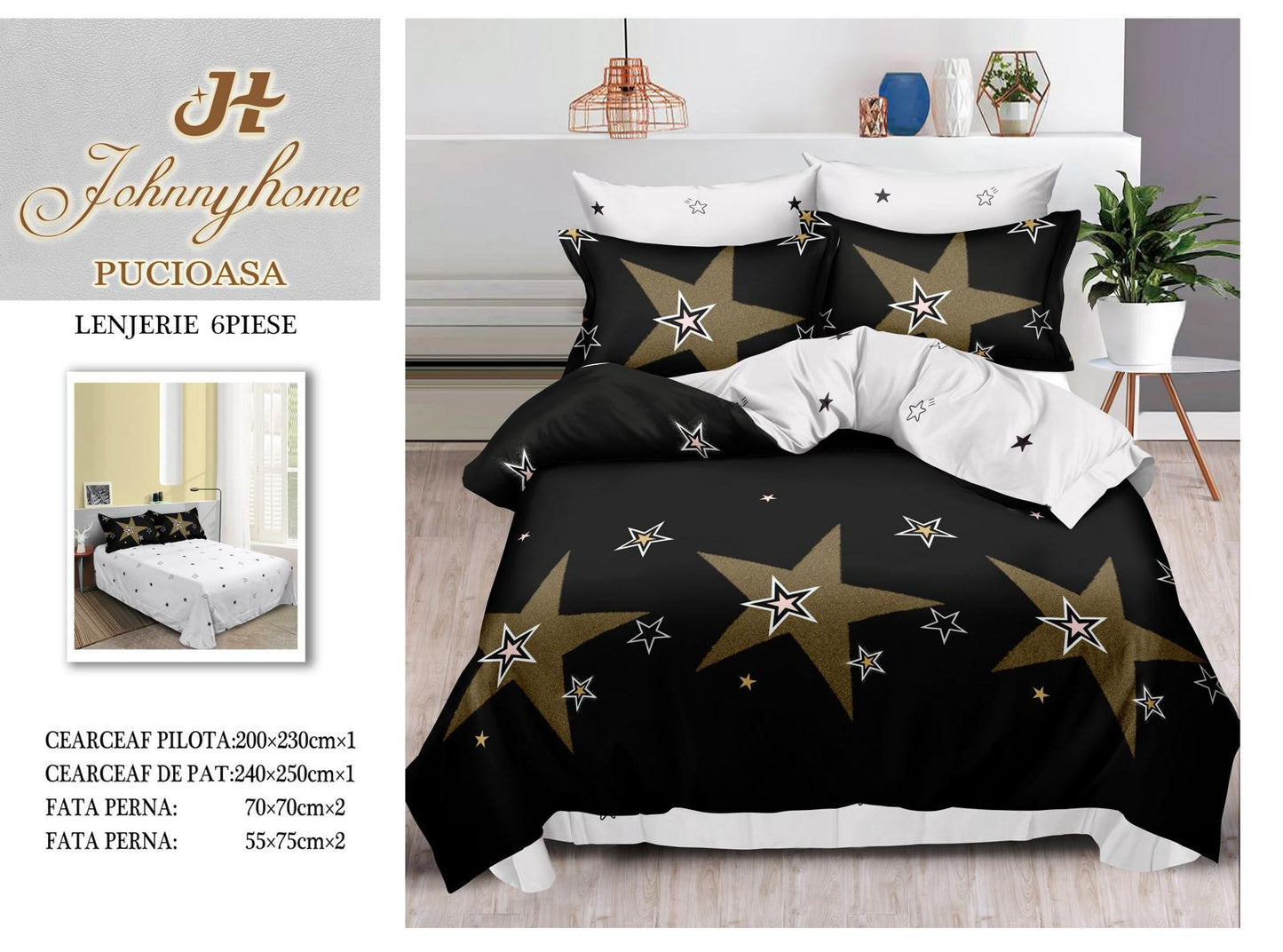 Lenjerie de pat dublu Pucioasa, cearsaf de pat normal, Bumbac Finet, 6 piese ,Alb-Negru Stele, LJP05