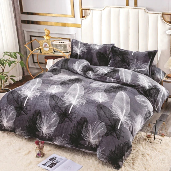 Lenjerie pat dublu Cocolino, 4 piese, super pufoasa, Gri, model Pene