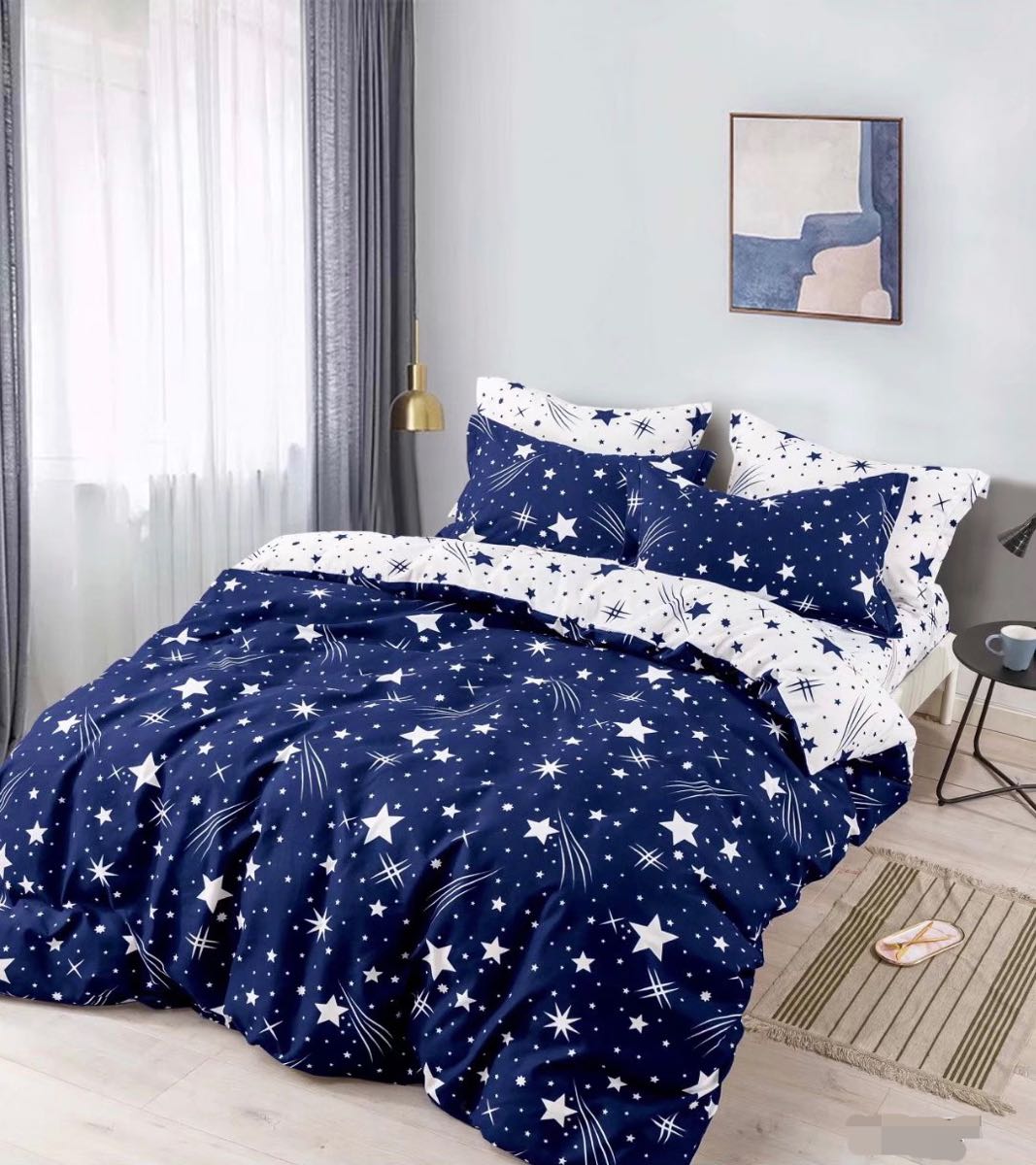 Lenjerie de pat 1 persoană , Bumbac finet, 4 piese, Albastru stele, LOP51