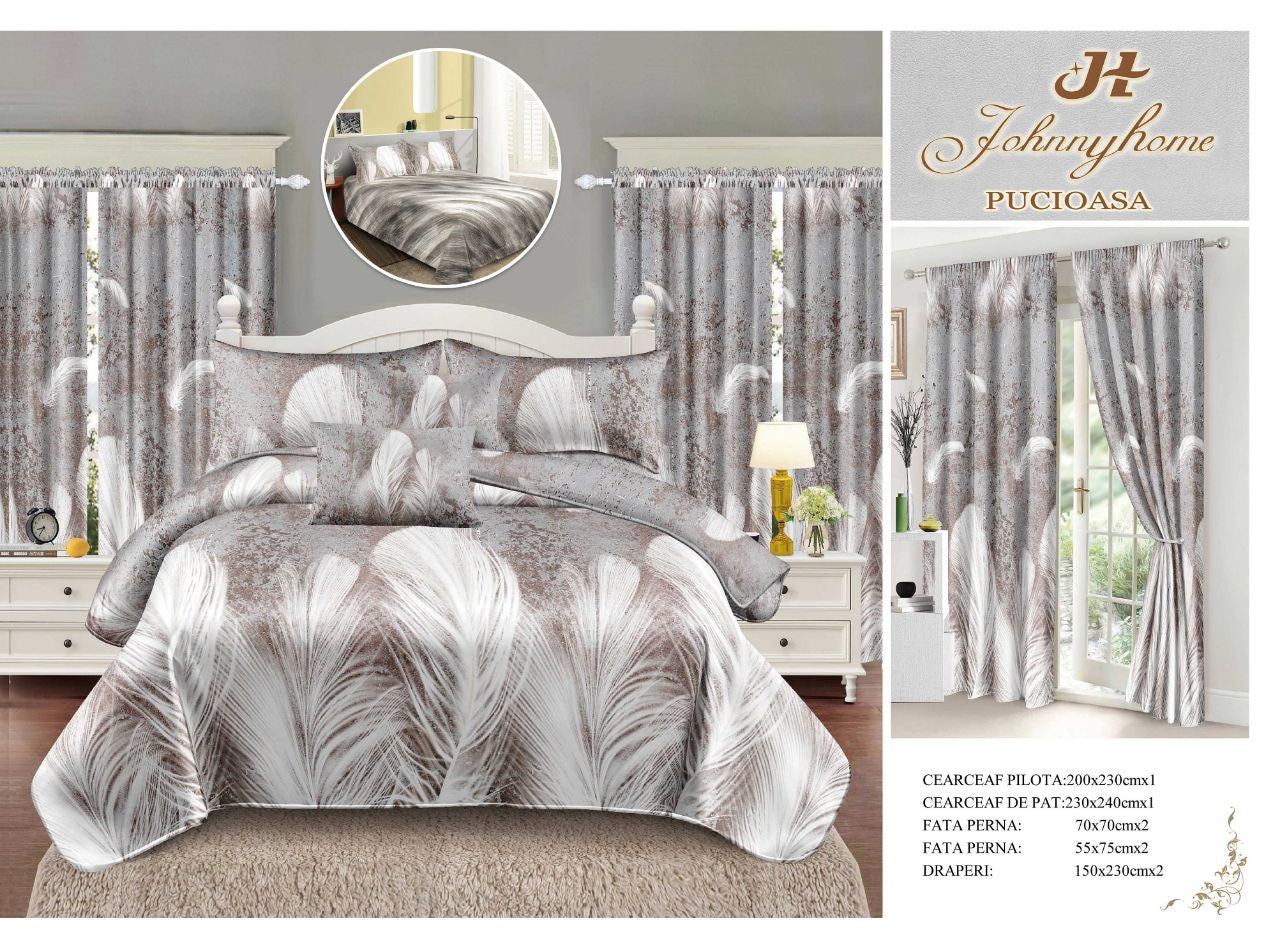 Set Lenjerie de pat Dublu Pucioasa + Draperii, 8 piese, LDP22