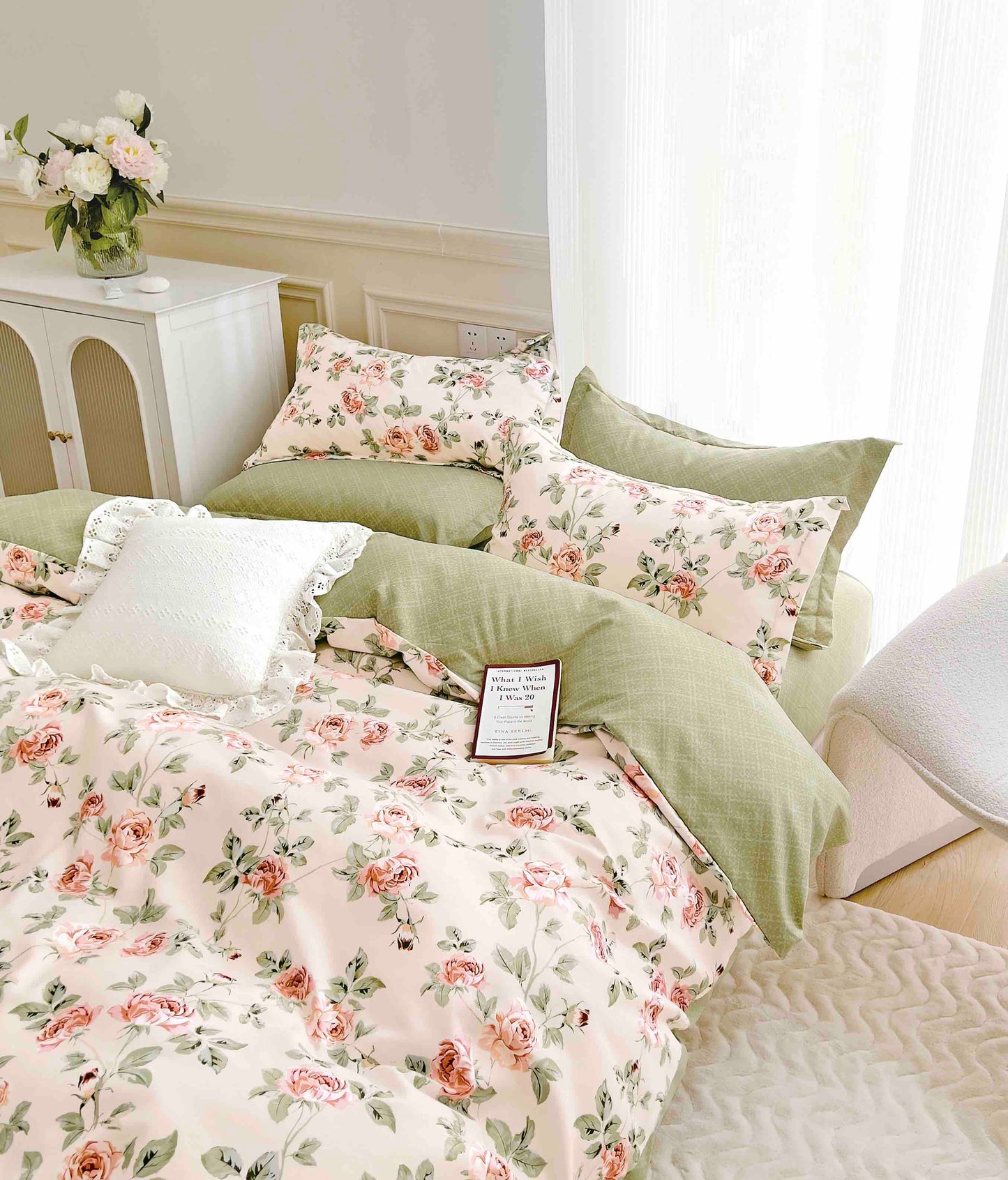 Lenjerie de pat dublu Bumbac finet, cearceaf la alegere normal sau elastic, 6 piese, Verde Floral, LBF64