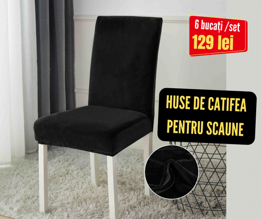 Set 6 huse scaune Catifea, cu elastic, Negru, HSC12