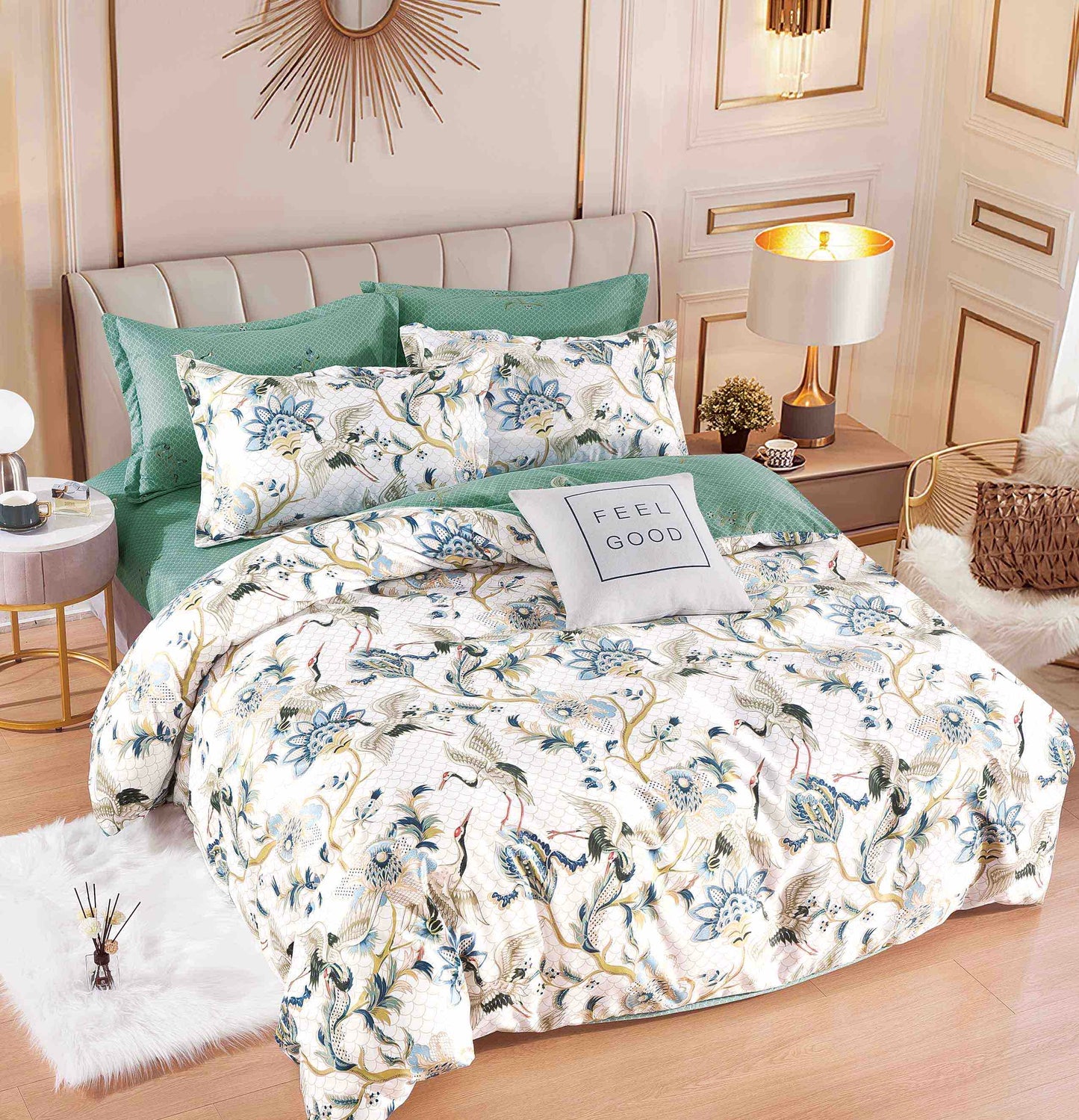 Lenjerie de pat dublu, cearsaf cu elastic 180x200, Bumbac finet, 6 piese, Verde-Alb Uni, OFF058