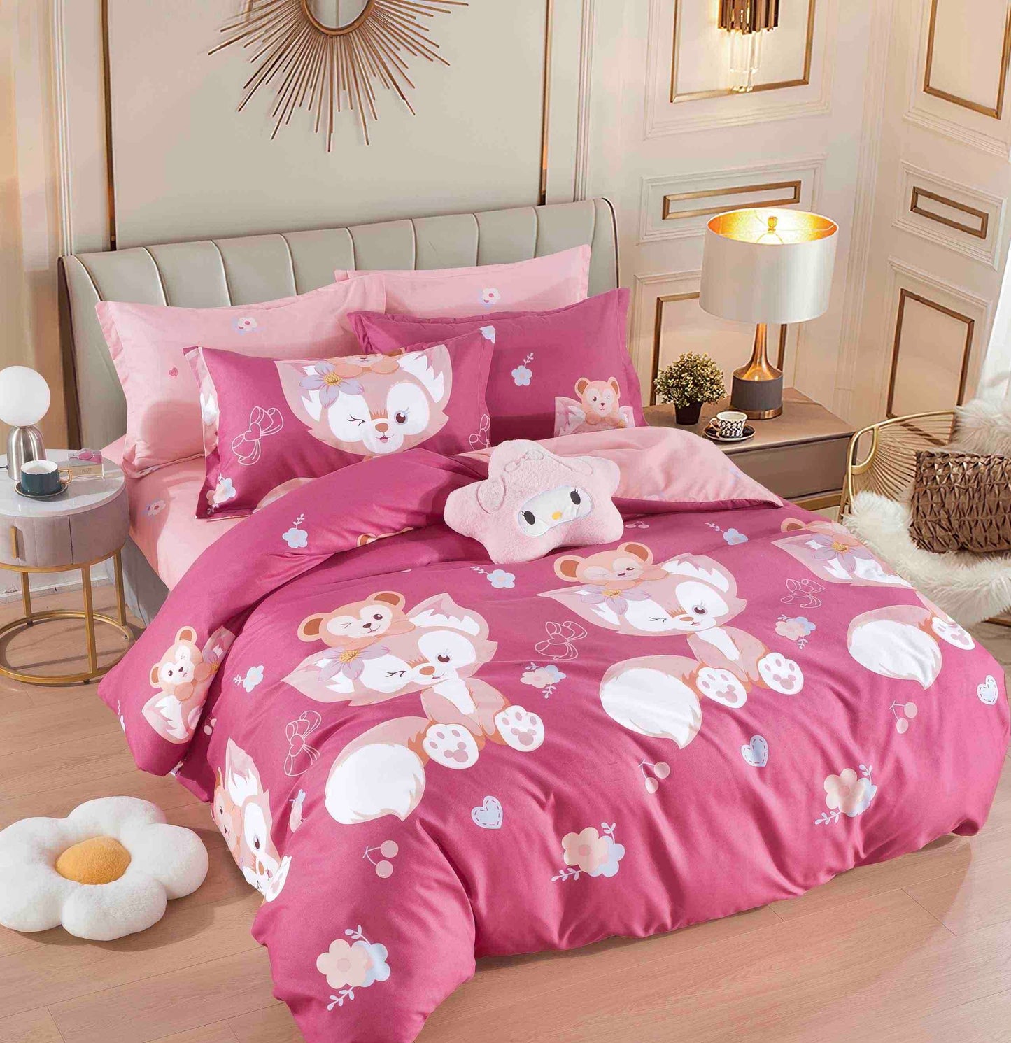Lenjerie de pat dublu, cearsaf cu elastic, 180x200, Bumbac finet, 6 piese, Roz Pisicuțe, OFF059